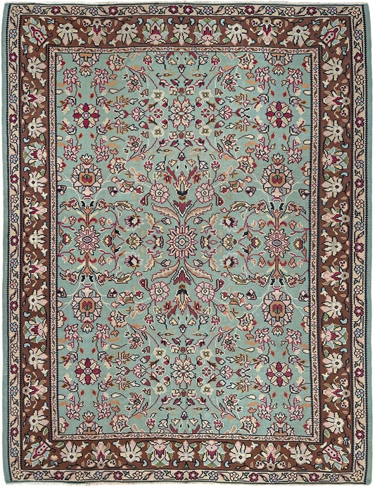 Vintage European kilim with pale seafoam green field and floral design, handwoven wool flatweave rug with walnut brown border, approx. 8x11.