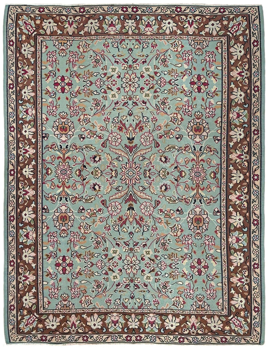 Vintage European kilim with pale seafoam green field and floral design, handwoven wool flatweave rug with walnut brown border, approx. 8x11.