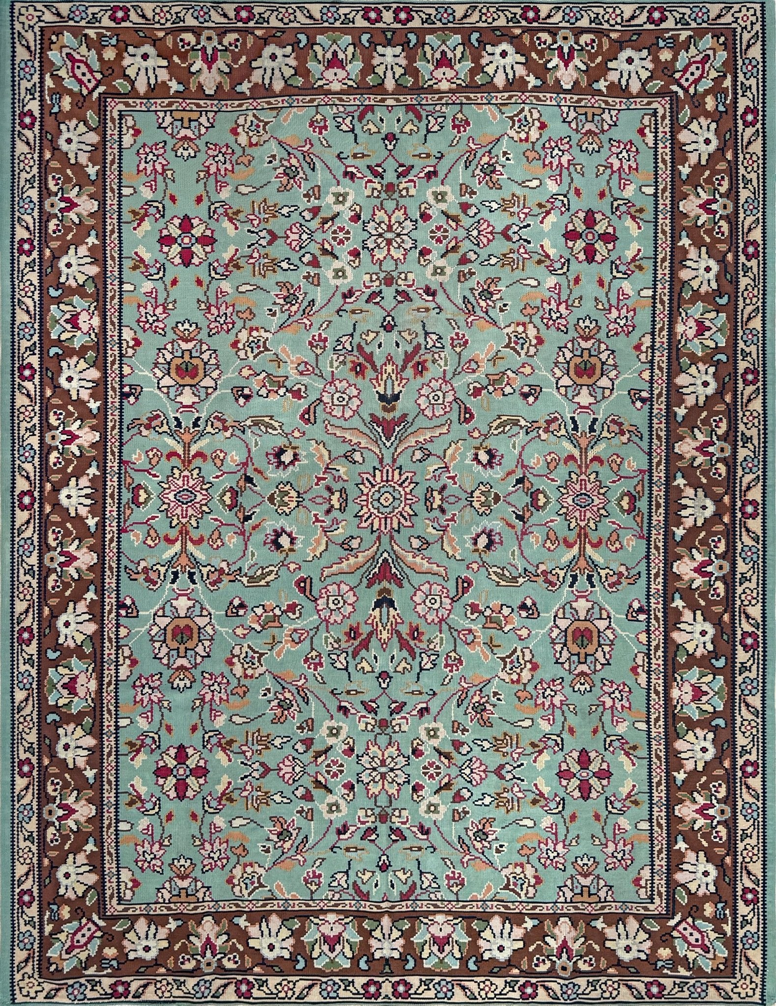 Handmade vintage European kilim rug 8x11 with floral design in robin’s egg blue, chestnut, ivory, and magenta tones; perfect for dining room, living room, bedroom, or kitchen; ideal for boho or floral decor; available at the best rug shop in San Mateo, SF Bay Area with free shipping.