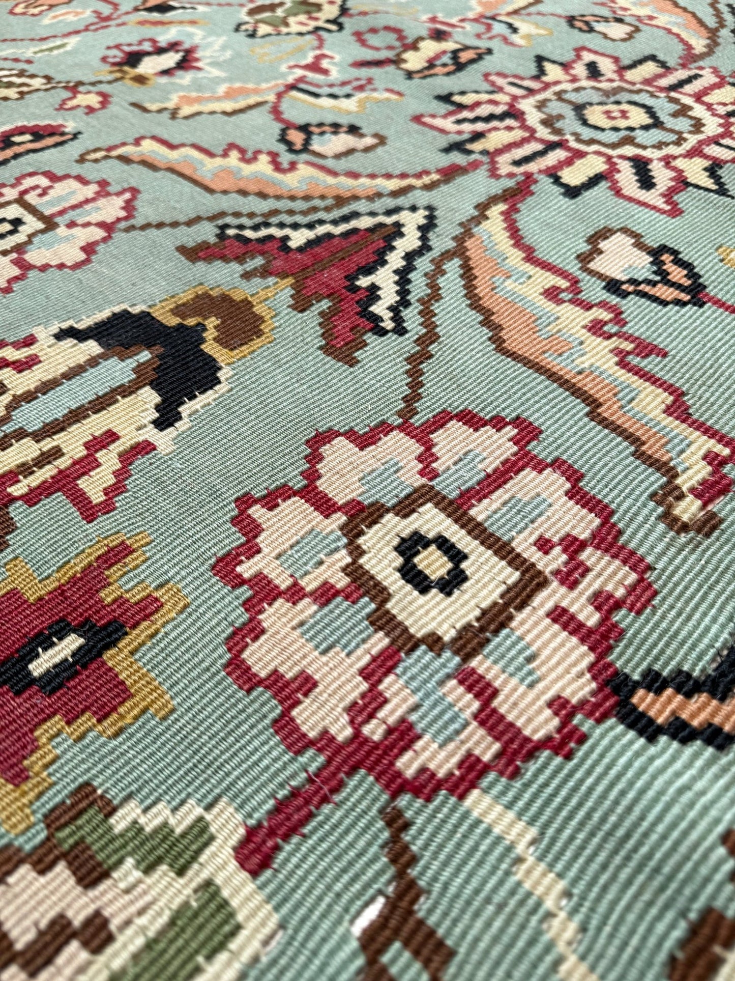 Handmade vintage European kilim rug 8x11 with floral design in robin’s egg blue, chestnut, ivory, and magenta tones; perfect for dining room, living room, bedroom, or kitchen; ideal for boho or floral decor; available at the best rug shop in San Mateo, SF Bay Area with free shipping.