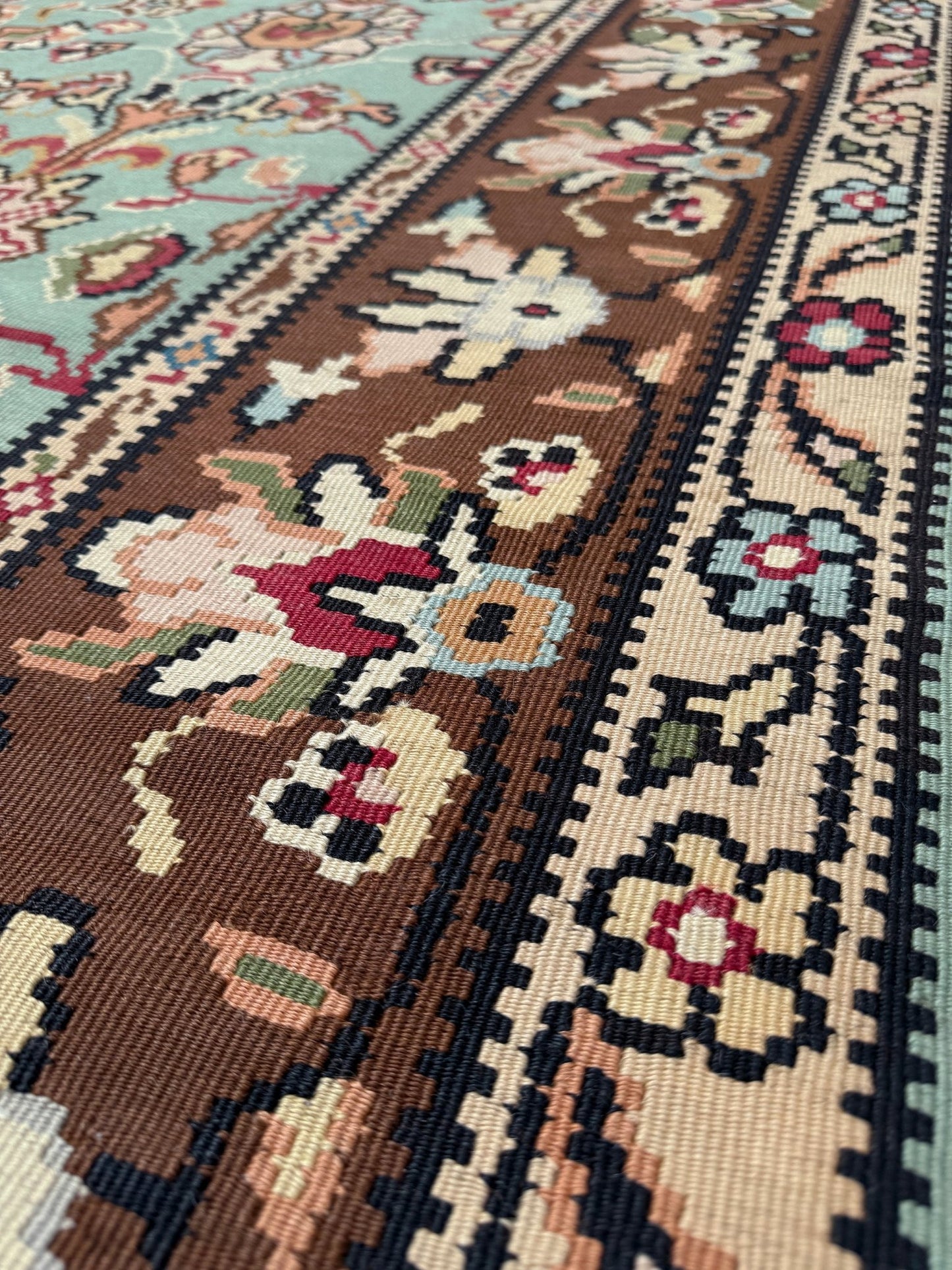 Handmade vintage European kilim rug 8x11 with floral design in robin’s egg blue, chestnut, ivory, and magenta tones; perfect for dining room, living room, bedroom, or kitchen; ideal for boho or floral decor; available at the best rug shop in San Mateo, SF Bay Area with free shipping.