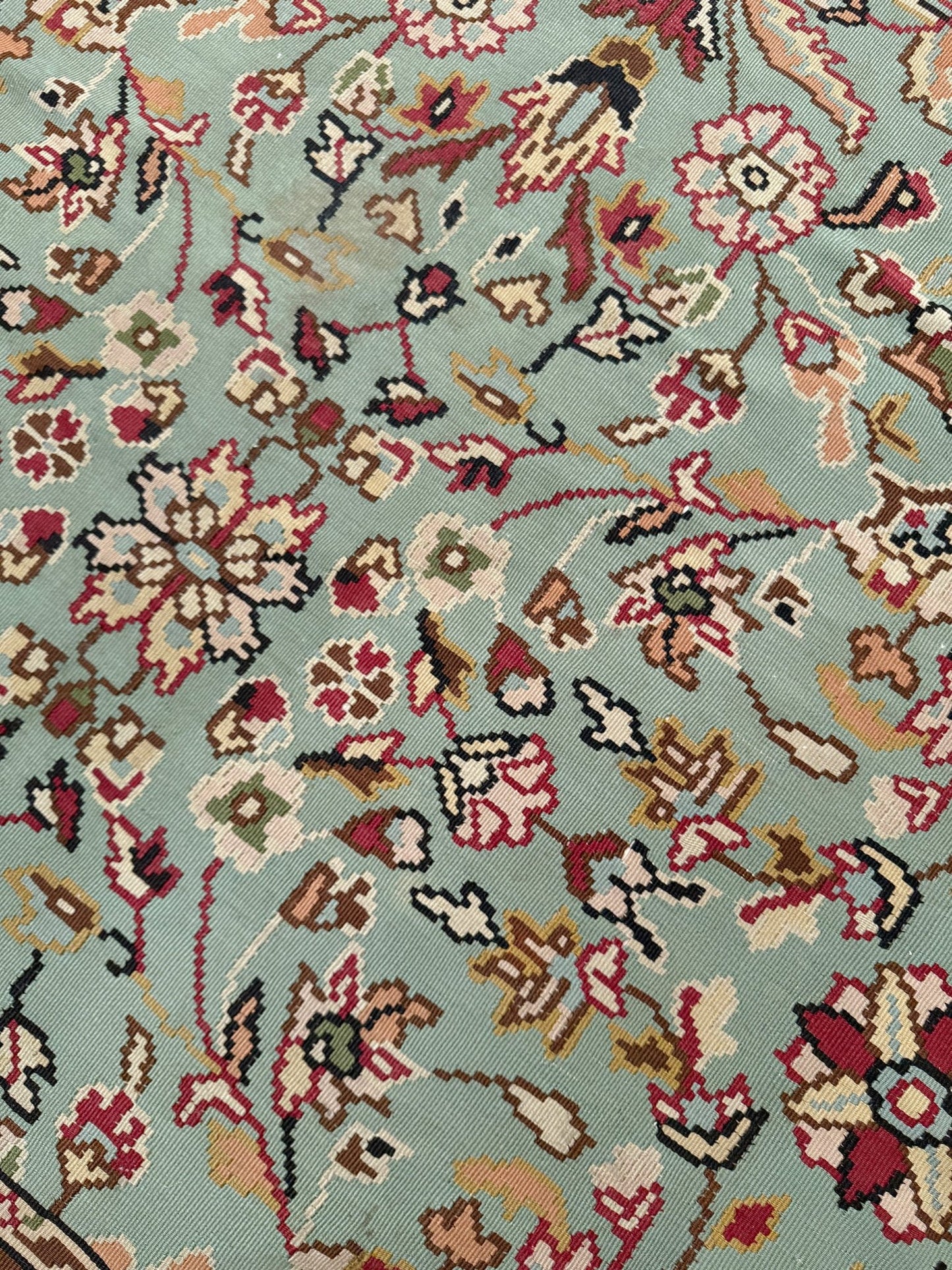 Handmade vintage European kilim rug 8x11 with floral design in robin’s egg blue, chestnut, ivory, and magenta tones; perfect for dining room, living room, bedroom, or kitchen; ideal for boho or floral decor; available at the best rug shop in San Mateo, SF Bay Area with free shipping.