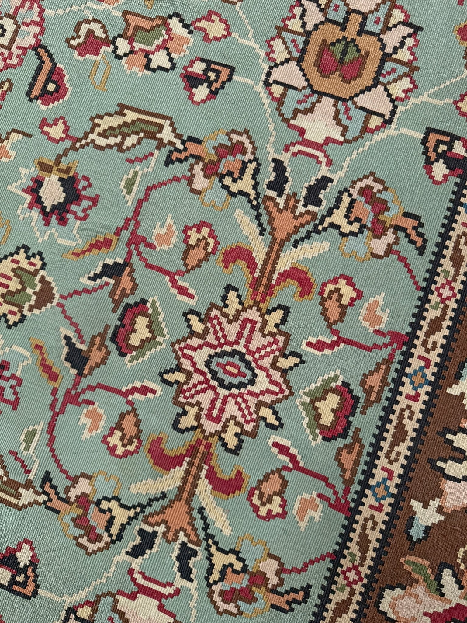 Handmade vintage European kilim rug 8x11 with floral design in robin’s egg blue, chestnut, ivory, and magenta tones; perfect for dining room, living room, bedroom, or kitchen; ideal for boho or floral decor; available at the best rug shop in San Mateo, SF Bay Area with free shipping.