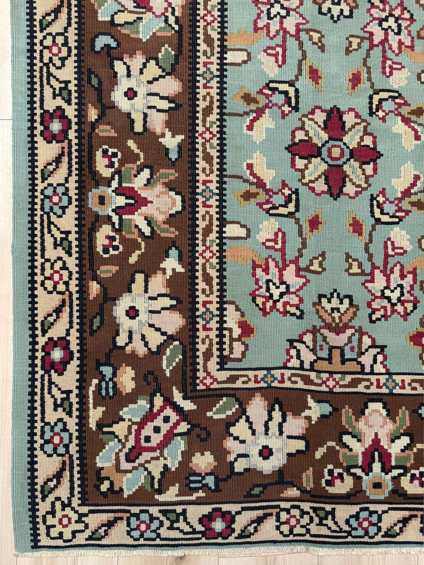 Handmade vintage European kilim rug 8x11 with floral design in robin’s egg blue, chestnut, ivory, and magenta tones; perfect for dining room, living room, bedroom, or kitchen; ideal for boho or floral decor; available at the best rug shop in San Mateo, SF Bay Area with free shipping.