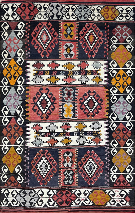 6x8 karakecili vintage turkish kilim rug shop san francisco bay area. Buy handmade flatweave rug. Bohemian style home decor.