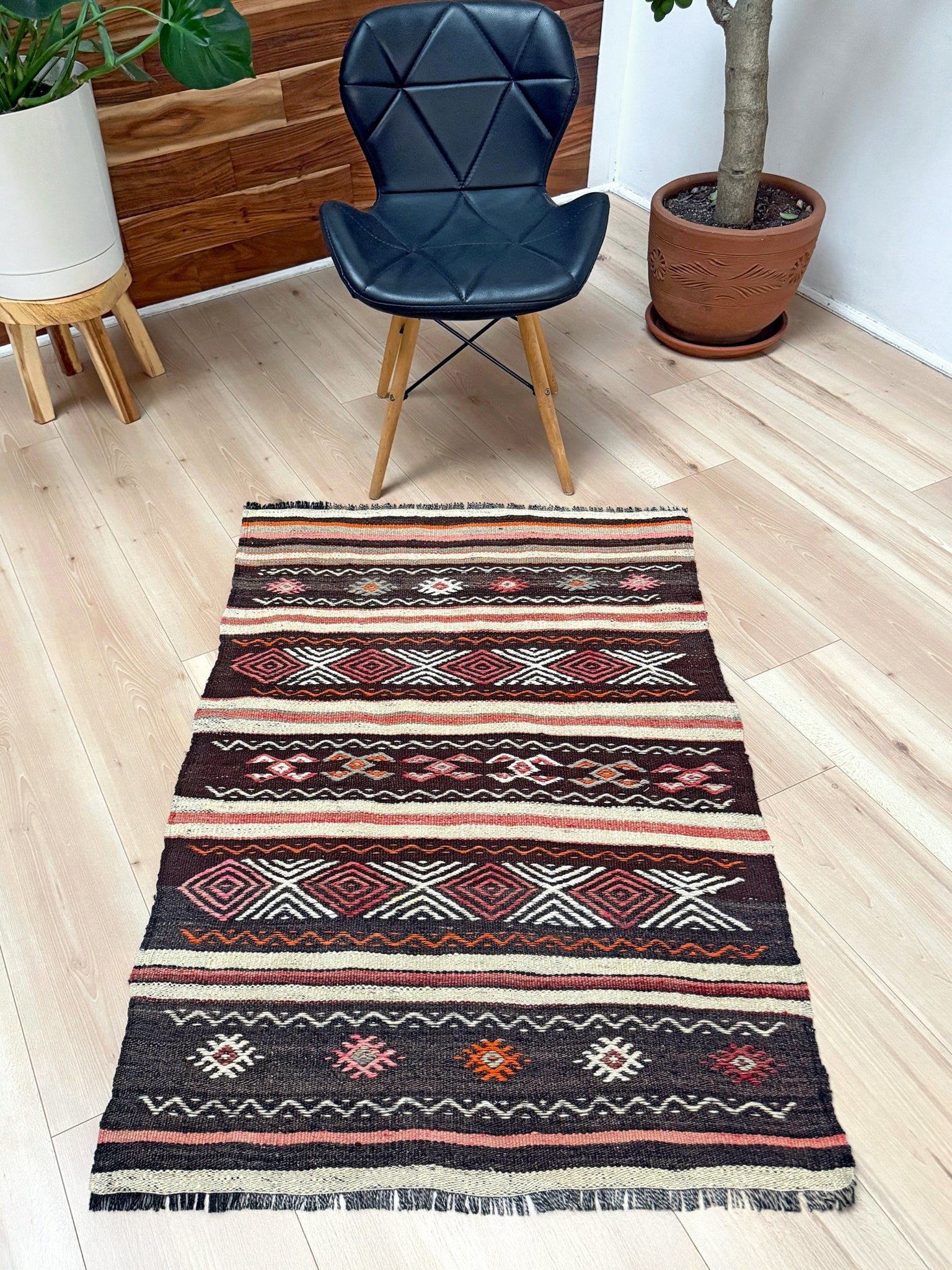 3x4 Vintage Kars Cicim kilim rug with embroidered tribal bands in mocha, cream, rust orange, and dusty rose — hand-spun wool flatweave from Eastern Turkey, available at Indigo Rugs, the best rug shop in San Francisco Bay Area, Burlingame CA.