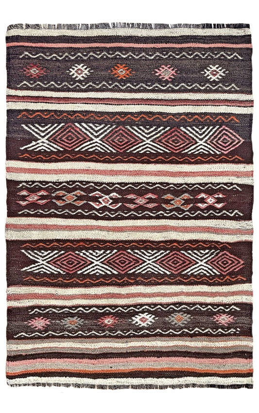 3x4 Vintage Kars Cicim kilim rug with embroidered tribal bands in mocha, cream, rust orange, and dusty rose — hand-spun wool flatweave from Eastern Turkey, available at Indigo Rugs, the best rug shop in San Francisco Bay Area, Burlingame CA.
