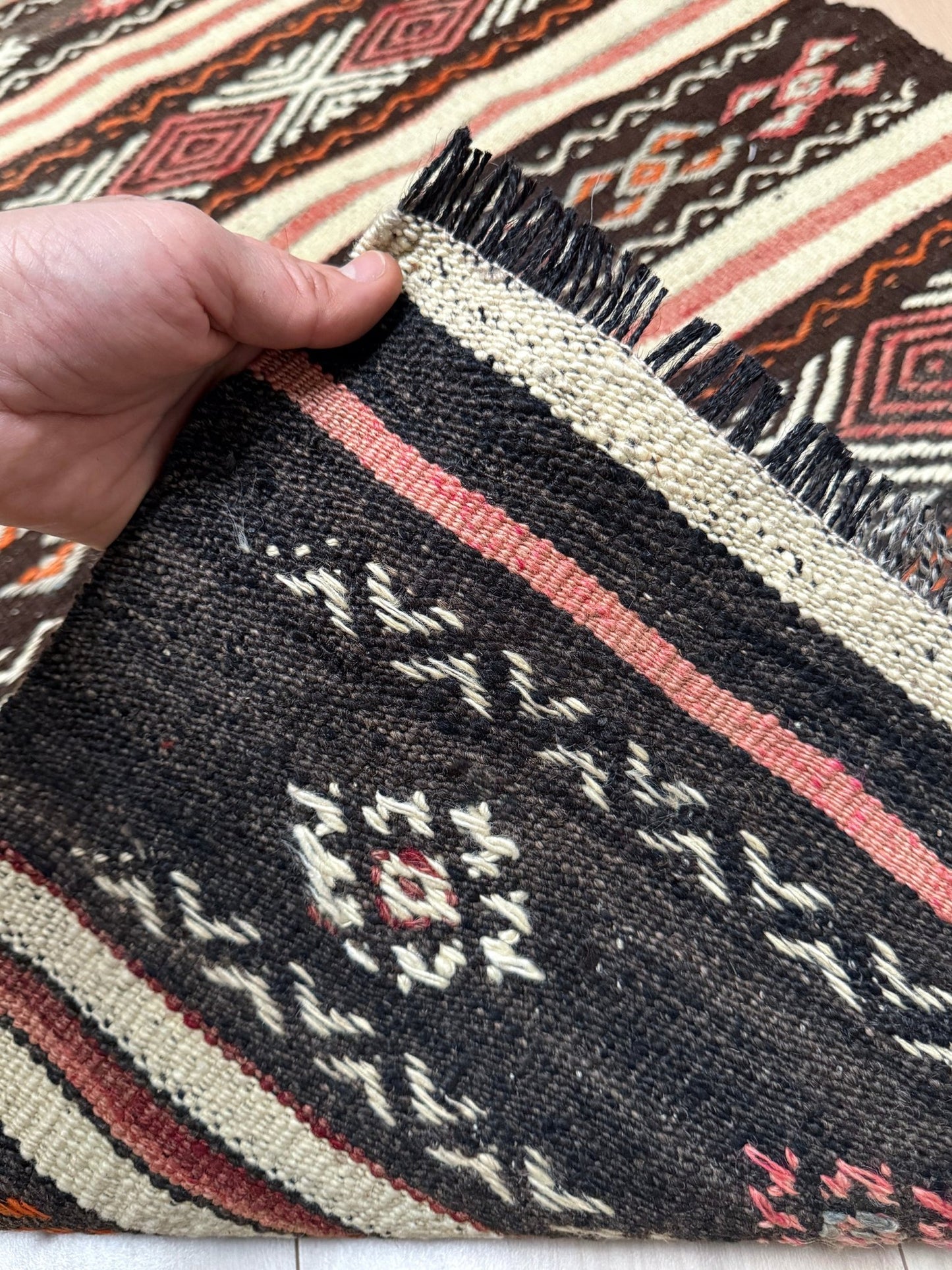3x4 Vintage Kars Cicim kilim rug with embroidered tribal bands in mocha, cream, rust orange, and dusty rose — hand-spun wool flatweave from Eastern Turkey, available at Indigo Rugs, the best rug shop in San Francisco Bay Area, Burlingame CA.