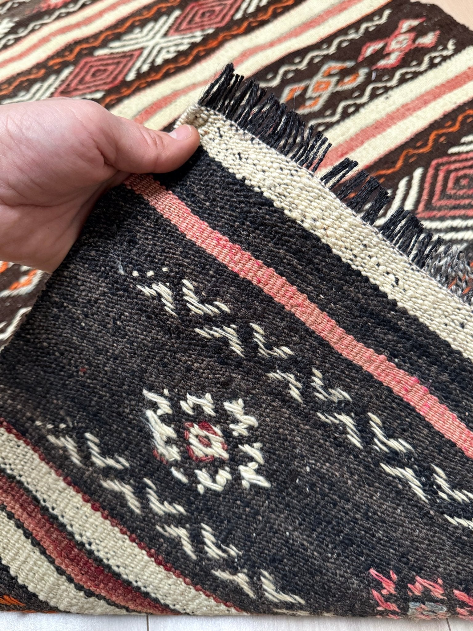 3x4 Vintage Kars Cicim kilim rug with embroidered tribal bands in mocha, cream, rust orange, and dusty rose — hand-spun wool flatweave from Eastern Turkey, available at Indigo Rugs, the best rug shop in San Francisco Bay Area, Burlingame CA.