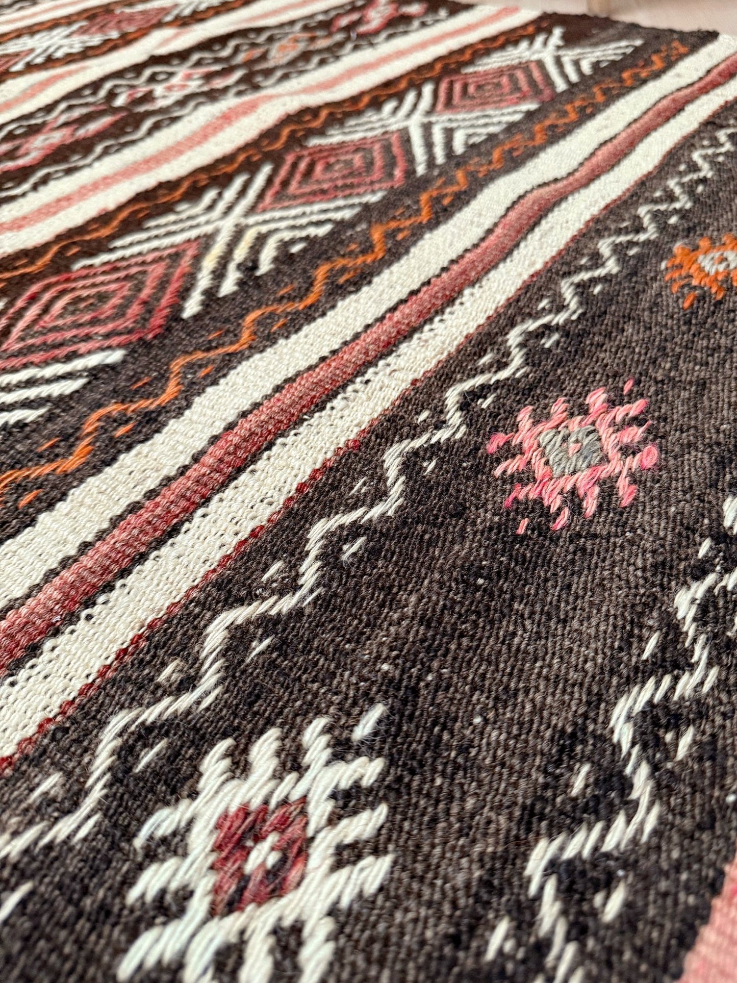 3x4 Vintage Kars Cicim kilim rug with embroidered tribal bands in mocha, cream, rust orange, and dusty rose — hand-spun wool flatweave from Eastern Turkey, available at Indigo Rugs, the best rug shop in San Francisco Bay Area, Burlingame CA.