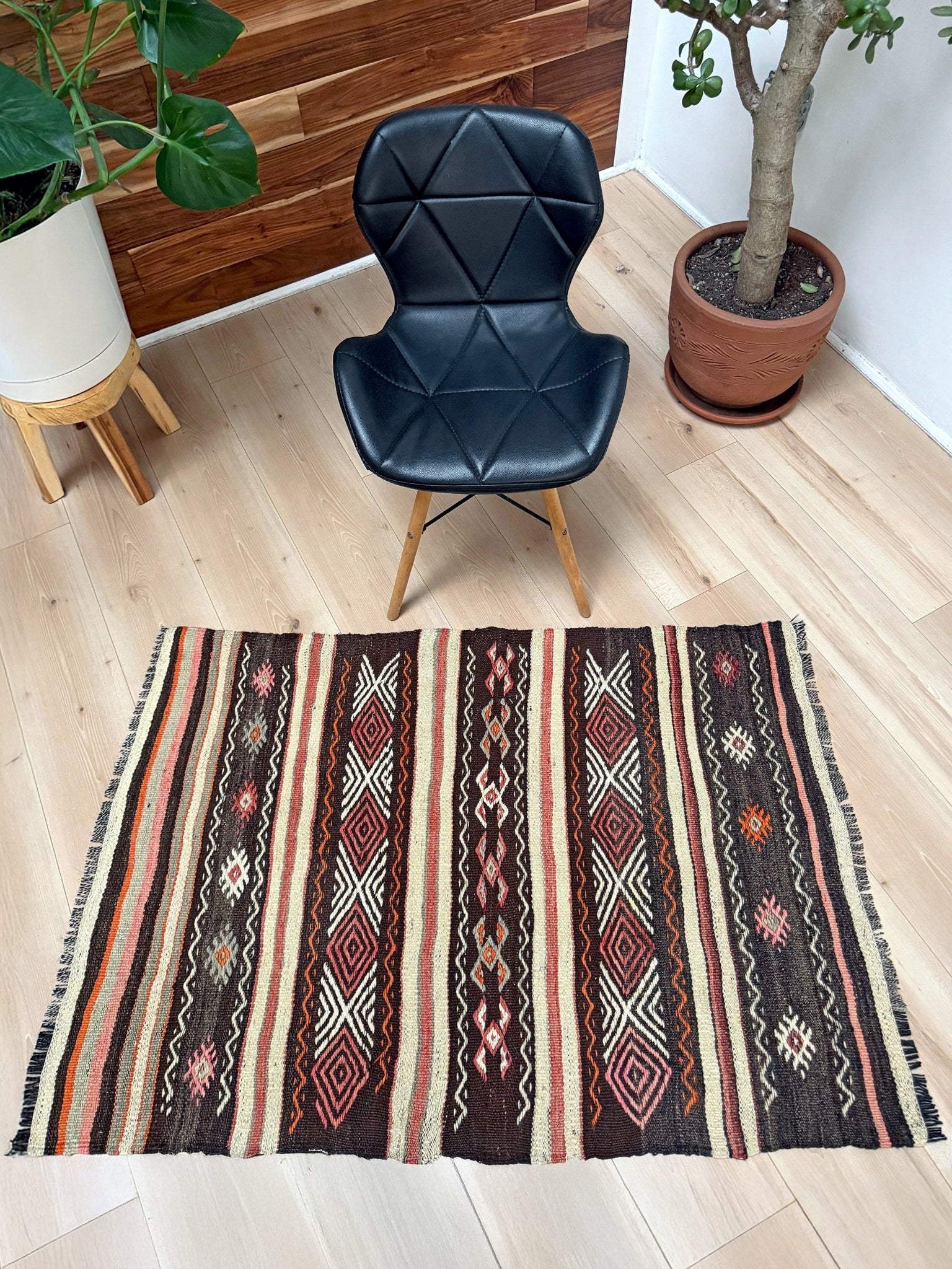 3x4 Vintage Kars Cicim kilim rug with embroidered tribal bands in mocha, cream, rust orange, and dusty rose — hand-spun wool flatweave from Eastern Turkey, available at Indigo Rugs, the best rug shop in San Francisco Bay Area, Burlingame CA.