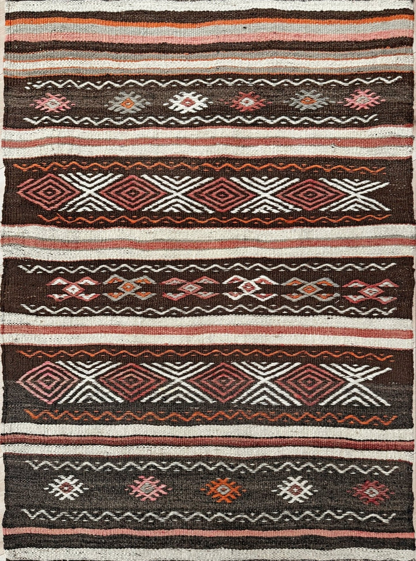 3x4 Vintage Kars Cicim kilim rug with embroidered tribal bands in mocha, cream, rust orange, and dusty rose — hand-spun wool flatweave from Eastern Turkey, available at Indigo Rugs, the best rug shop in San Francisco Bay Area, Burlingame CA.