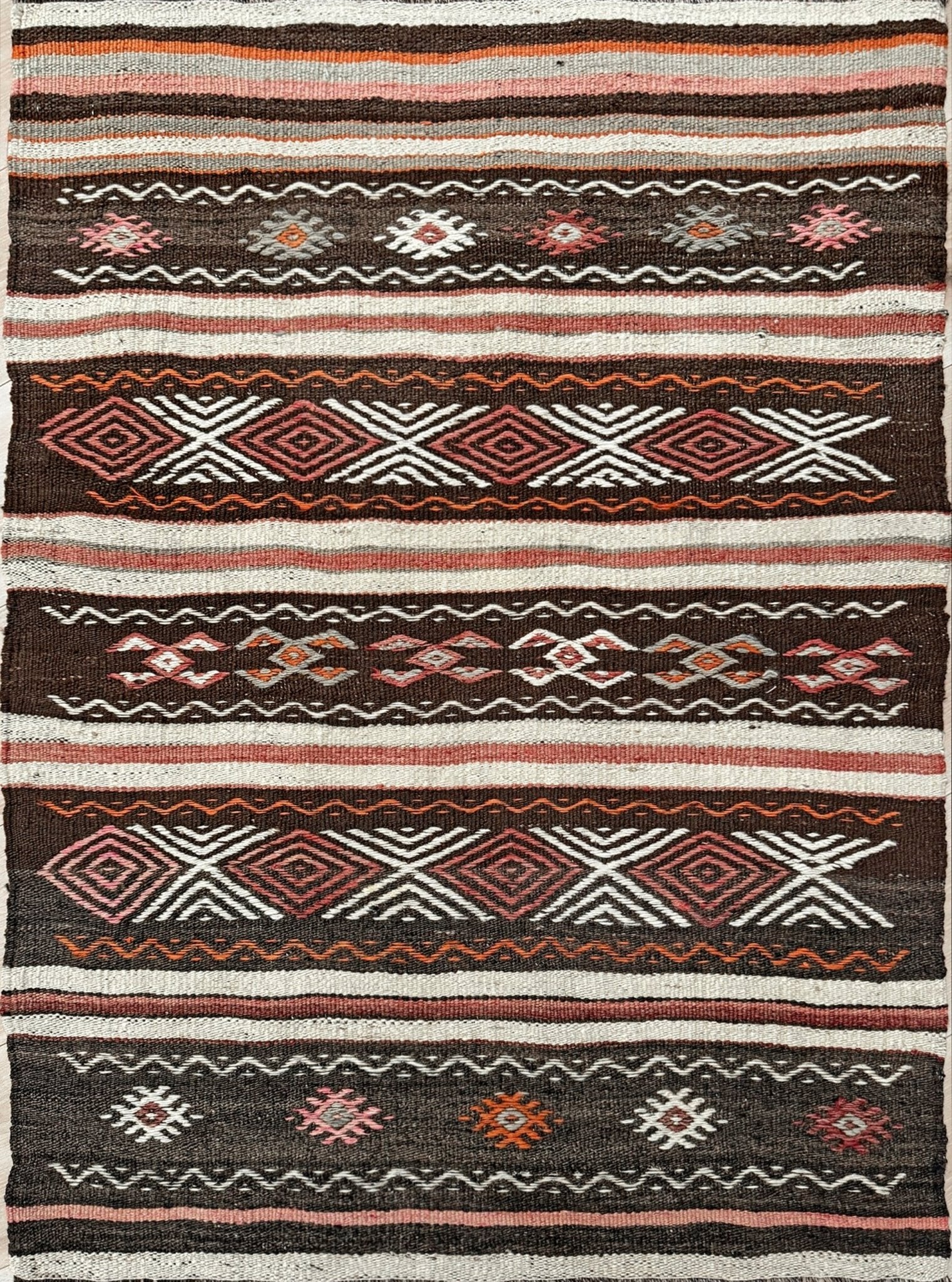 3x4 Vintage Kars Cicim kilim rug with embroidered tribal bands in mocha, cream, rust orange, and dusty rose — hand-spun wool flatweave from Eastern Turkey, available at Indigo Rugs, the best rug shop in San Francisco Bay Area, Burlingame CA.