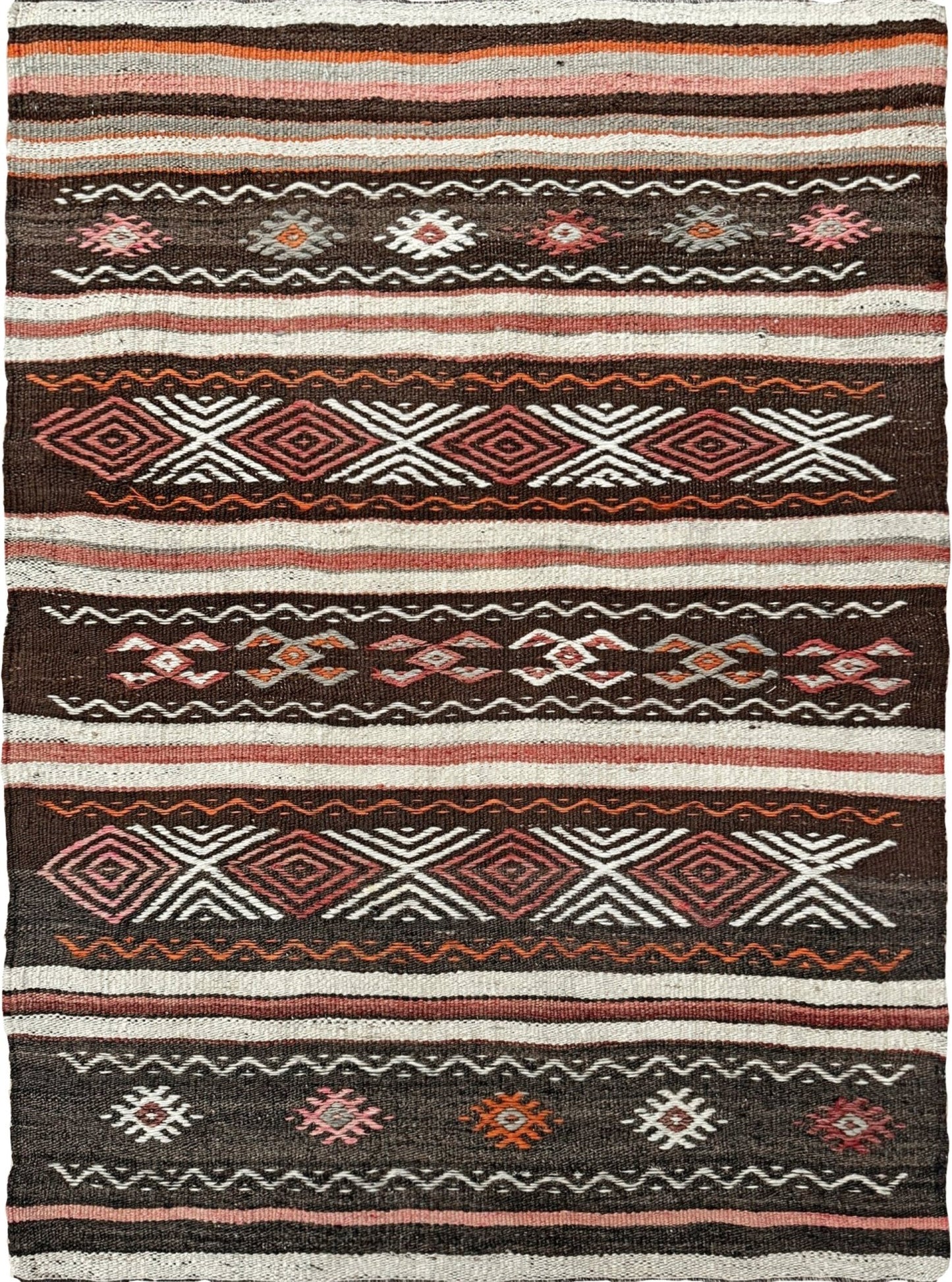 3x4 Vintage Kars Cicim kilim rug with embroidered tribal bands in mocha, cream, rust orange, and dusty rose — hand-spun wool flatweave from Eastern Turkey, available at Indigo Rugs, the best rug shop in San Francisco Bay Area, Burlingame CA.