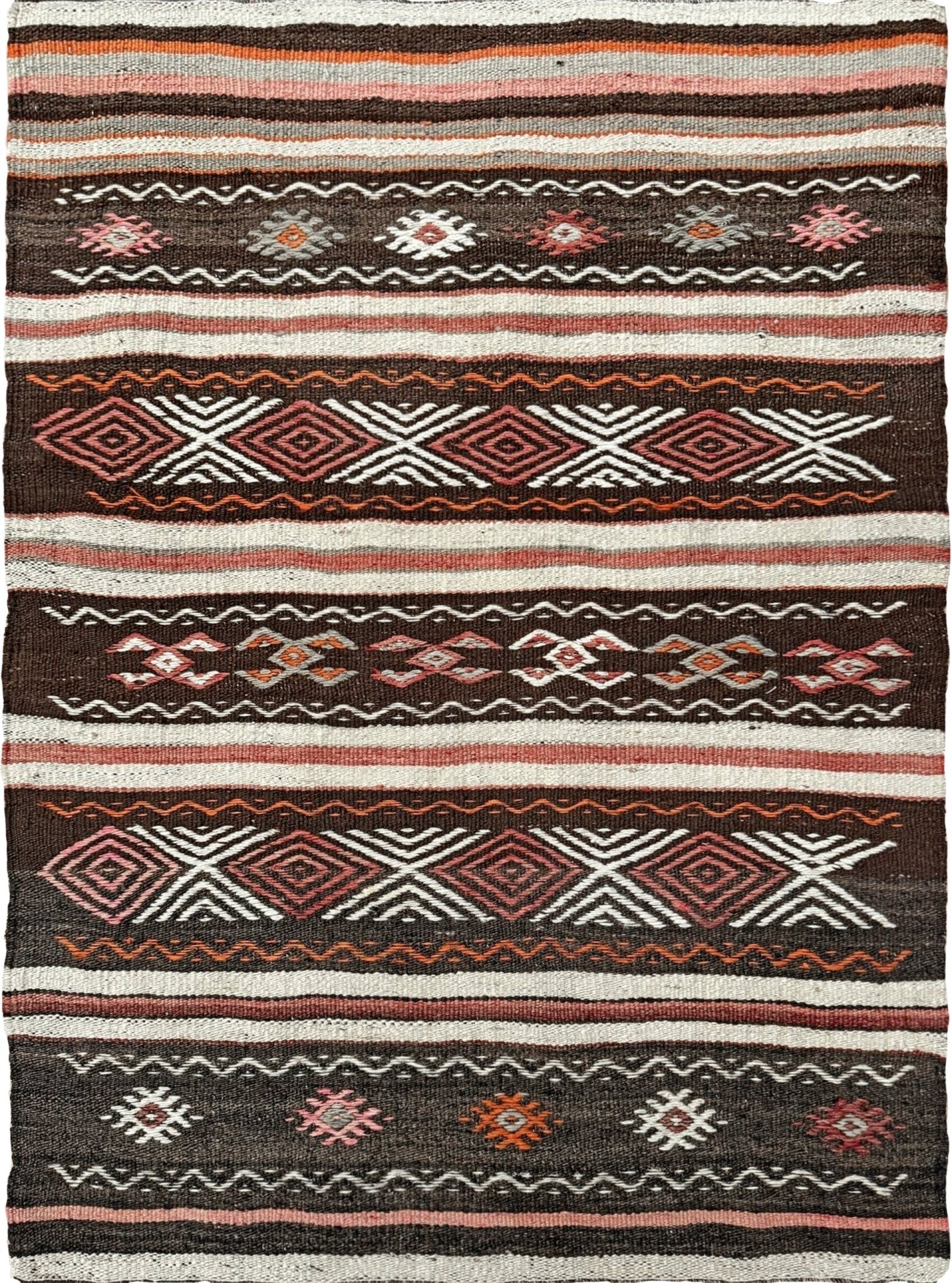 3x4 Vintage Kars Cicim kilim rug with embroidered tribal bands in mocha, cream, rust orange, and dusty rose — hand-spun wool flatweave from Eastern Turkey, available at Indigo Rugs, the best rug shop in San Francisco Bay Area, Burlingame CA.