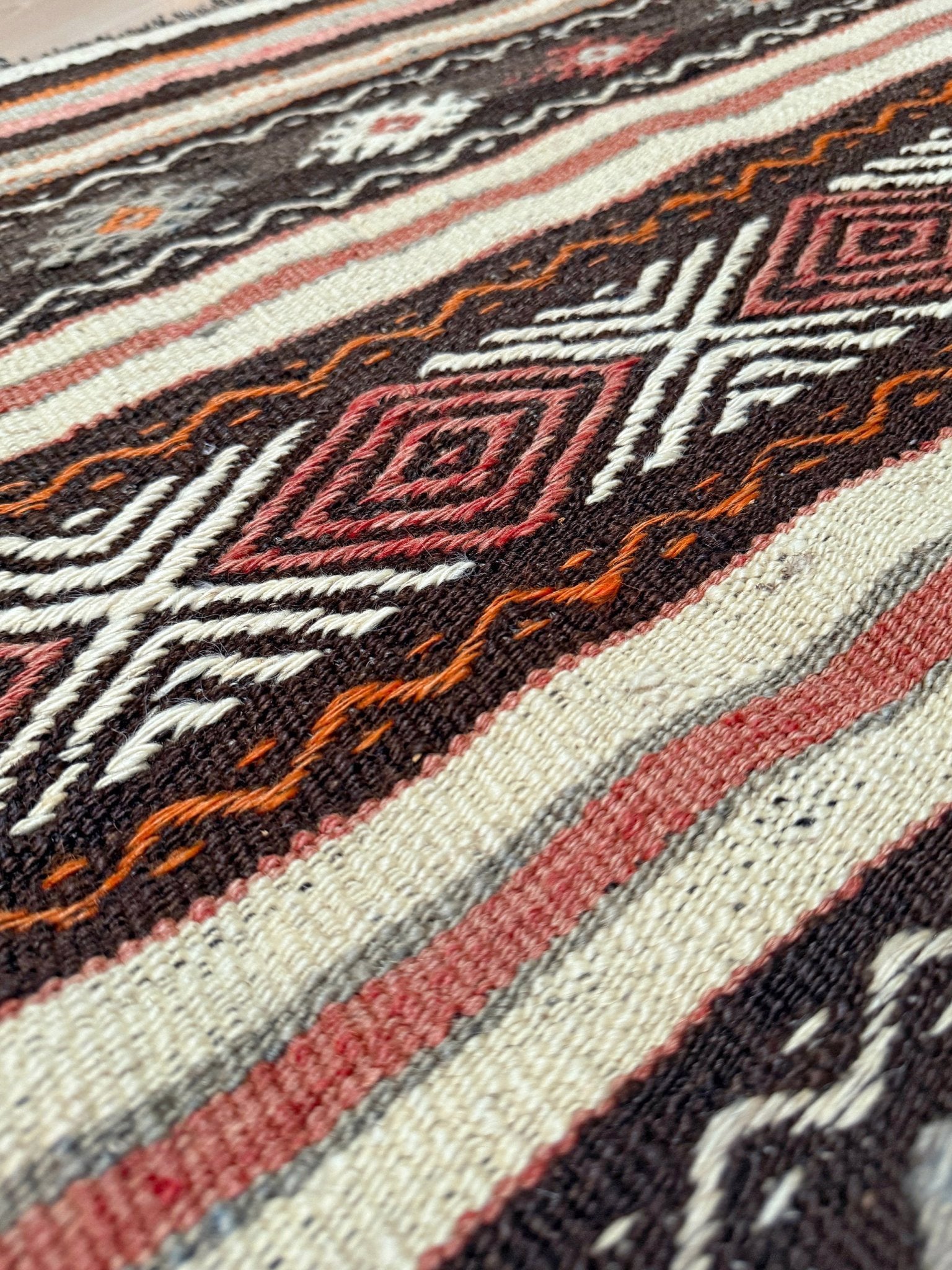 3x4 Vintage Kars Cicim kilim rug with embroidered tribal bands in mocha, cream, rust orange, and dusty rose — hand-spun wool flatweave from Eastern Turkey, available at Indigo Rugs, the best rug shop in San Francisco Bay Area, Burlingame CA.