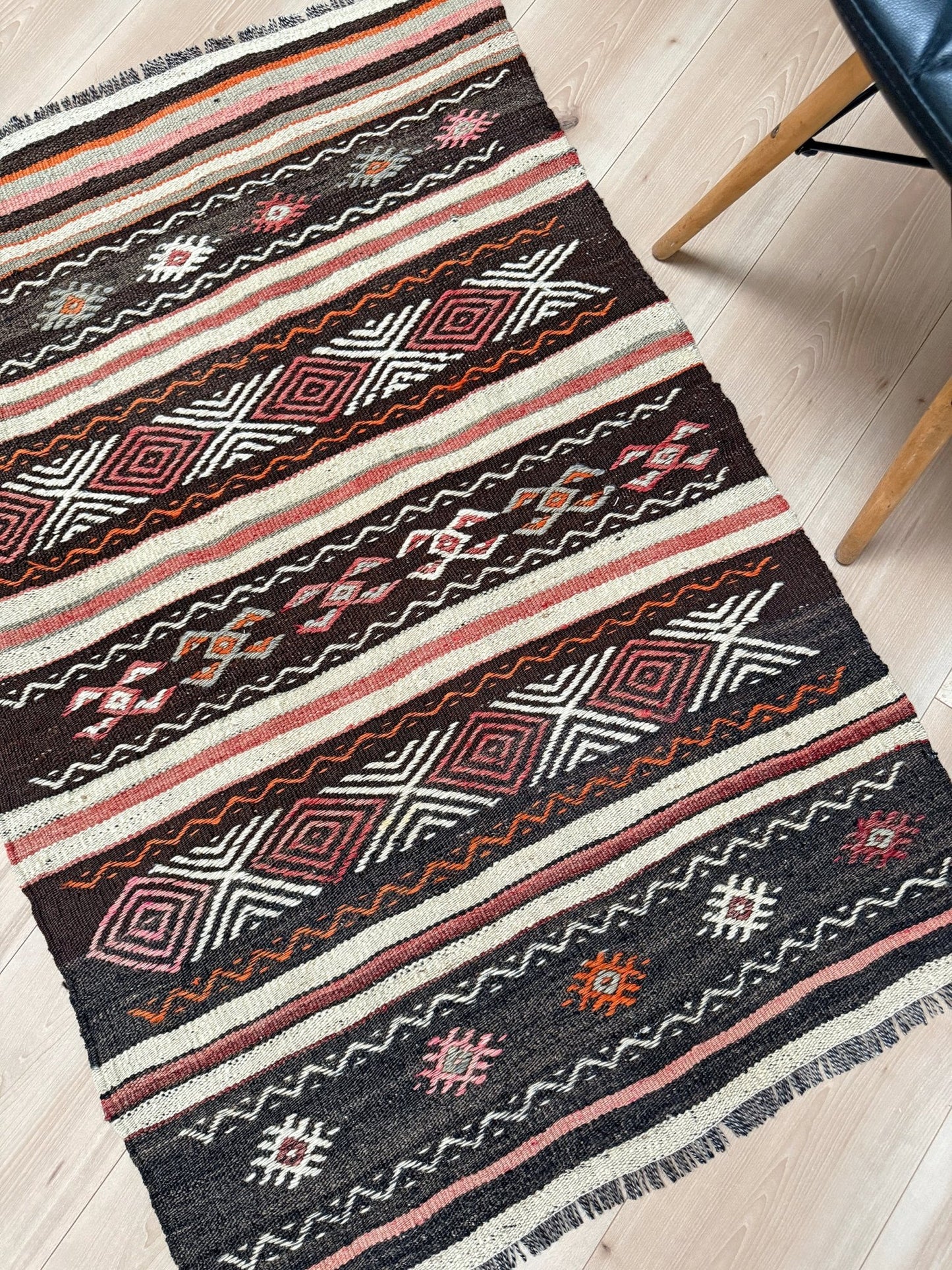 3x4 Vintage Kars Cicim kilim rug with embroidered tribal bands in mocha, cream, rust orange, and dusty rose — hand-spun wool flatweave from Eastern Turkey, available at Indigo Rugs, the best rug shop in San Francisco Bay Area, Burlingame CA.