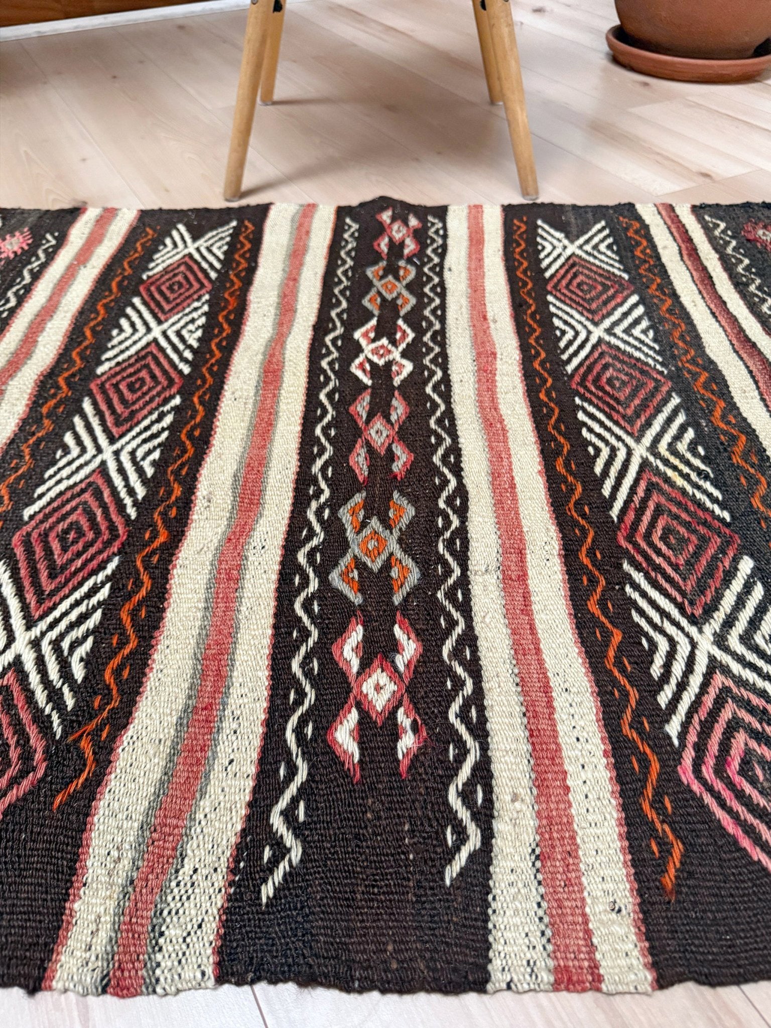 3x4 Vintage Kars Cicim kilim rug with embroidered tribal bands in mocha, cream, rust orange, and dusty rose — hand-spun wool flatweave from Eastern Turkey, available at Indigo Rugs, the best rug shop in San Francisco Bay Area, Burlingame CA.