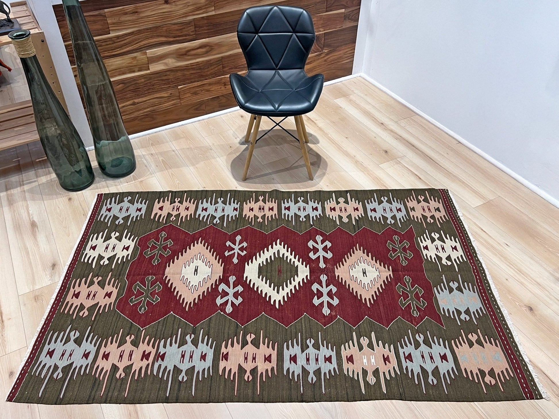 4x6 Vintage Afyon Turkish kilim flatweave rug with maroon field, olive green borders, and tribal scorpion and comb motifs — handmade wool wall hanging, available at Indigo Rugs, the best rug shop in San Francisco Bay Area, Burlingame CA.