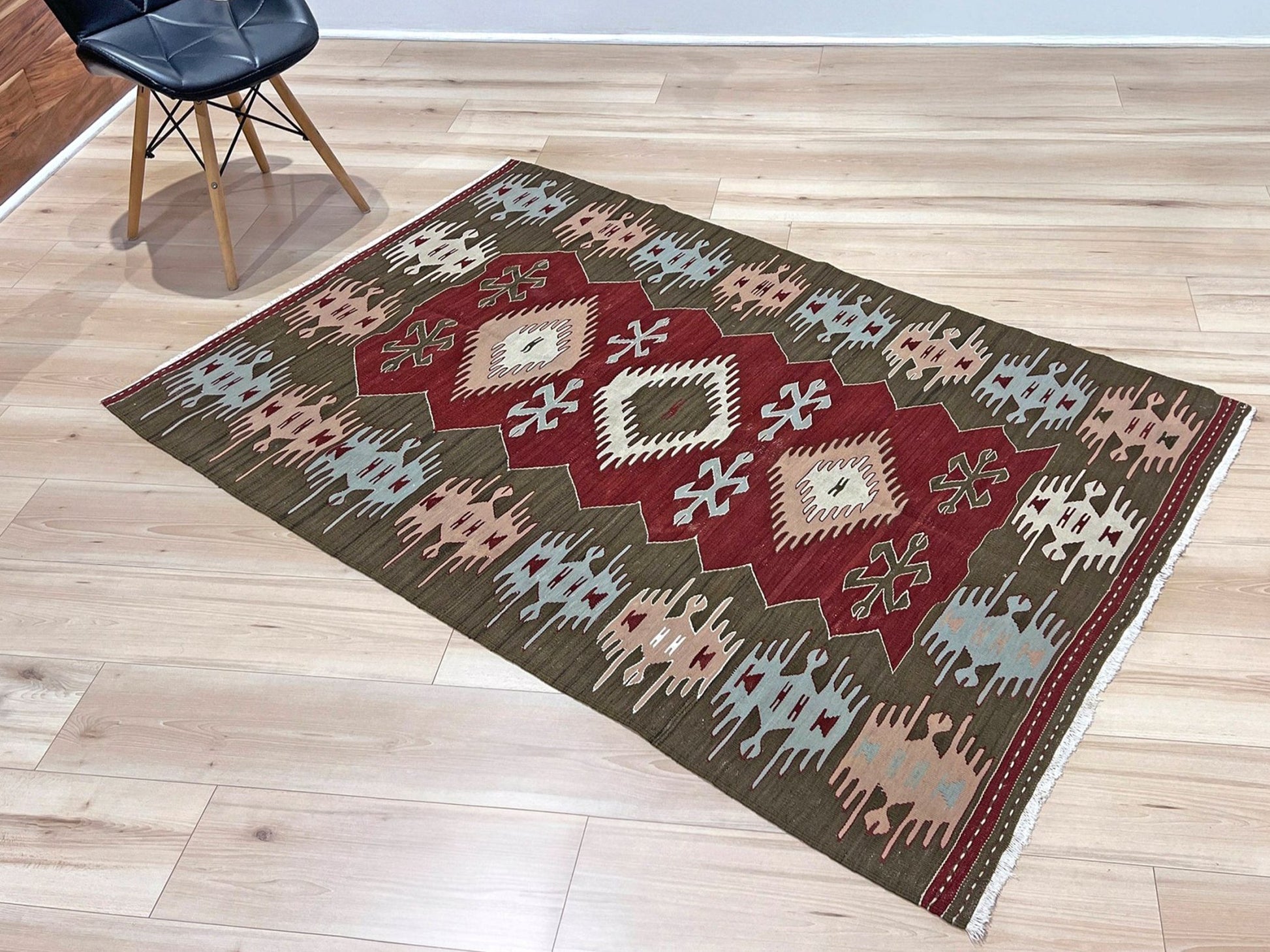 4x6 Vintage Afyon Turkish kilim flatweave rug with maroon field, olive green borders, and tribal scorpion and comb motifs — handmade wool wall hanging, available at Indigo Rugs, the best rug shop in San Francisco Bay Area, Burlingame CA.