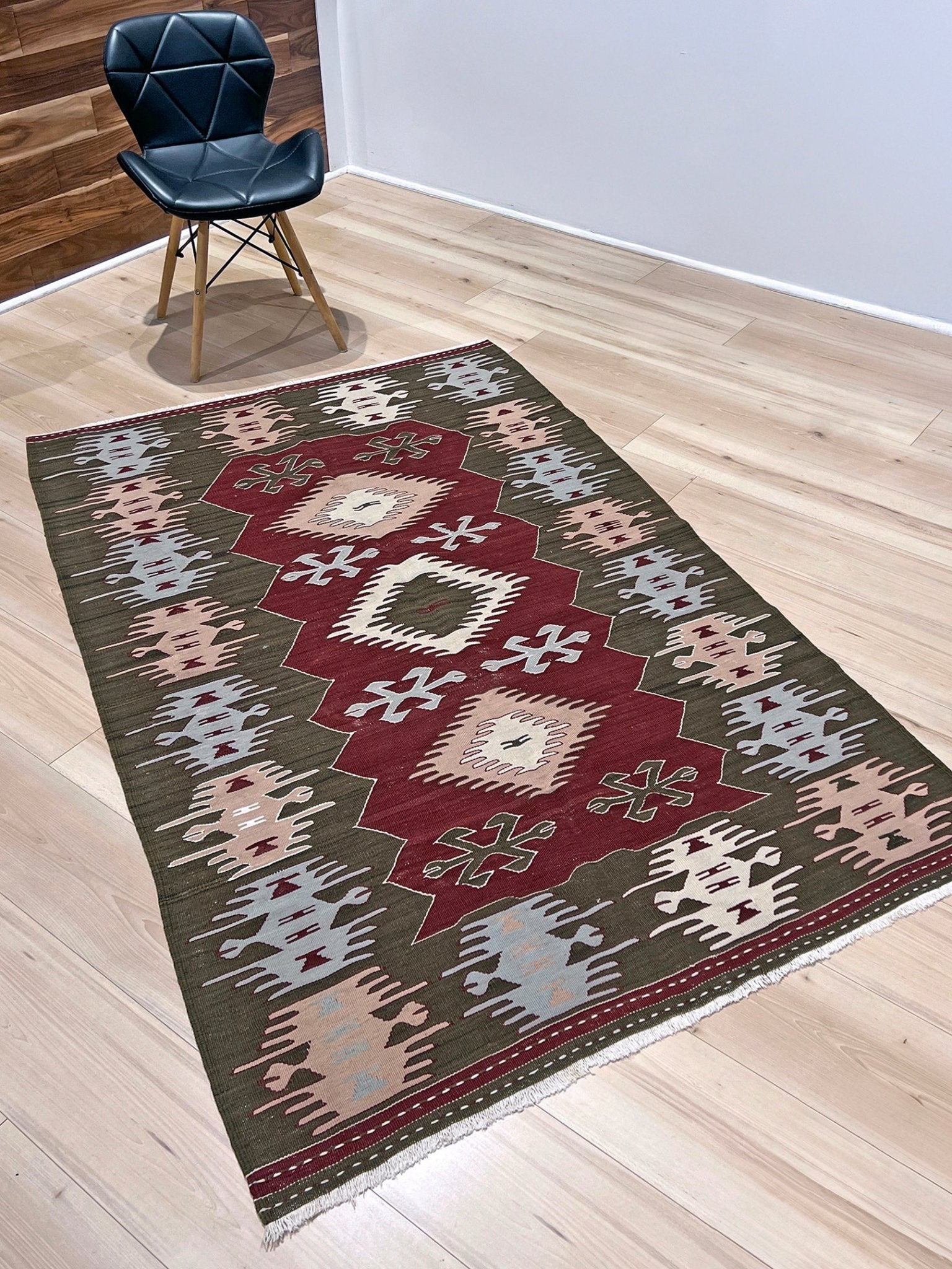 4x6 Vintage Afyon Turkish kilim flatweave rug with maroon field, olive green borders, and tribal scorpion and comb motifs — handmade wool wall hanging, available at Indigo Rugs, the best rug shop in San Francisco Bay Area, Burlingame CA.