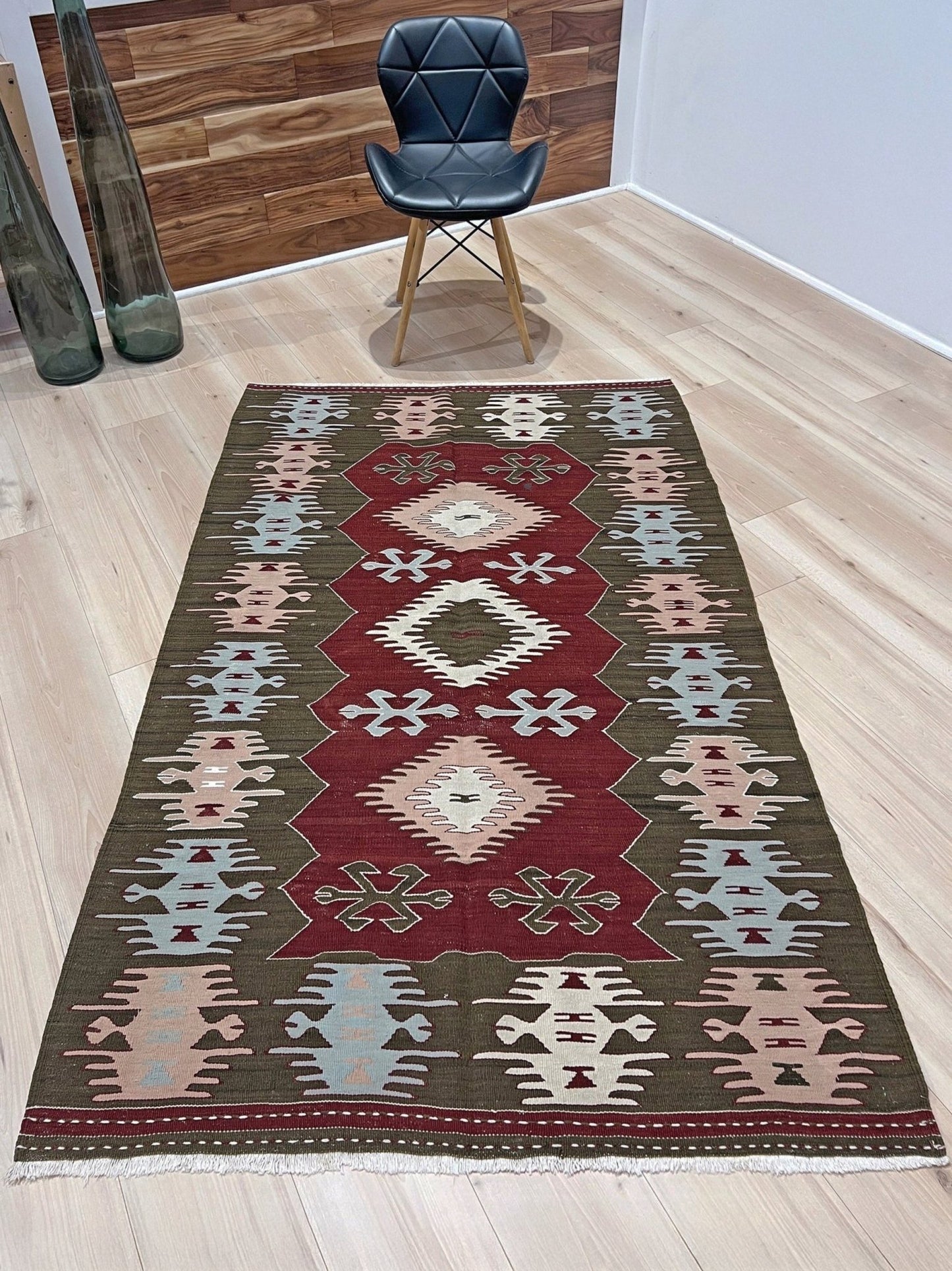 Vintage Afyon Turkish kilim flatweave rug with maroon field, olive green borders, and tribal scorpion and comb motifs — handmade wool wall hanging, available at Indigo Rugs, the best rug shop in San Francisco Bay Area, Burlingame CA.