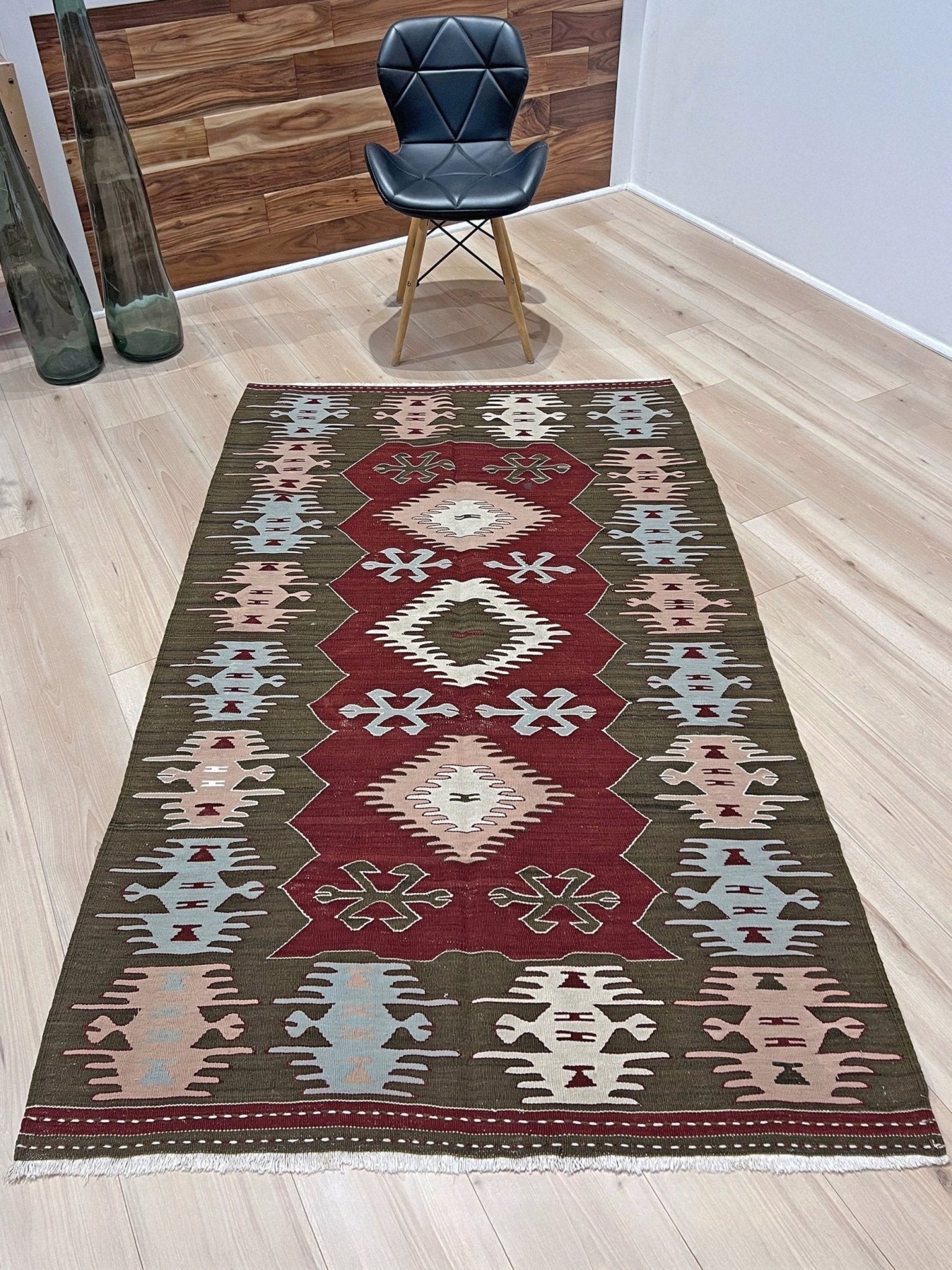 Vintage Afyon Turkish kilim flatweave rug with maroon field, olive green borders, and tribal scorpion and comb motifs — handmade wool wall hanging, available at Indigo Rugs, the best rug shop in San Francisco Bay Area, Burlingame CA.