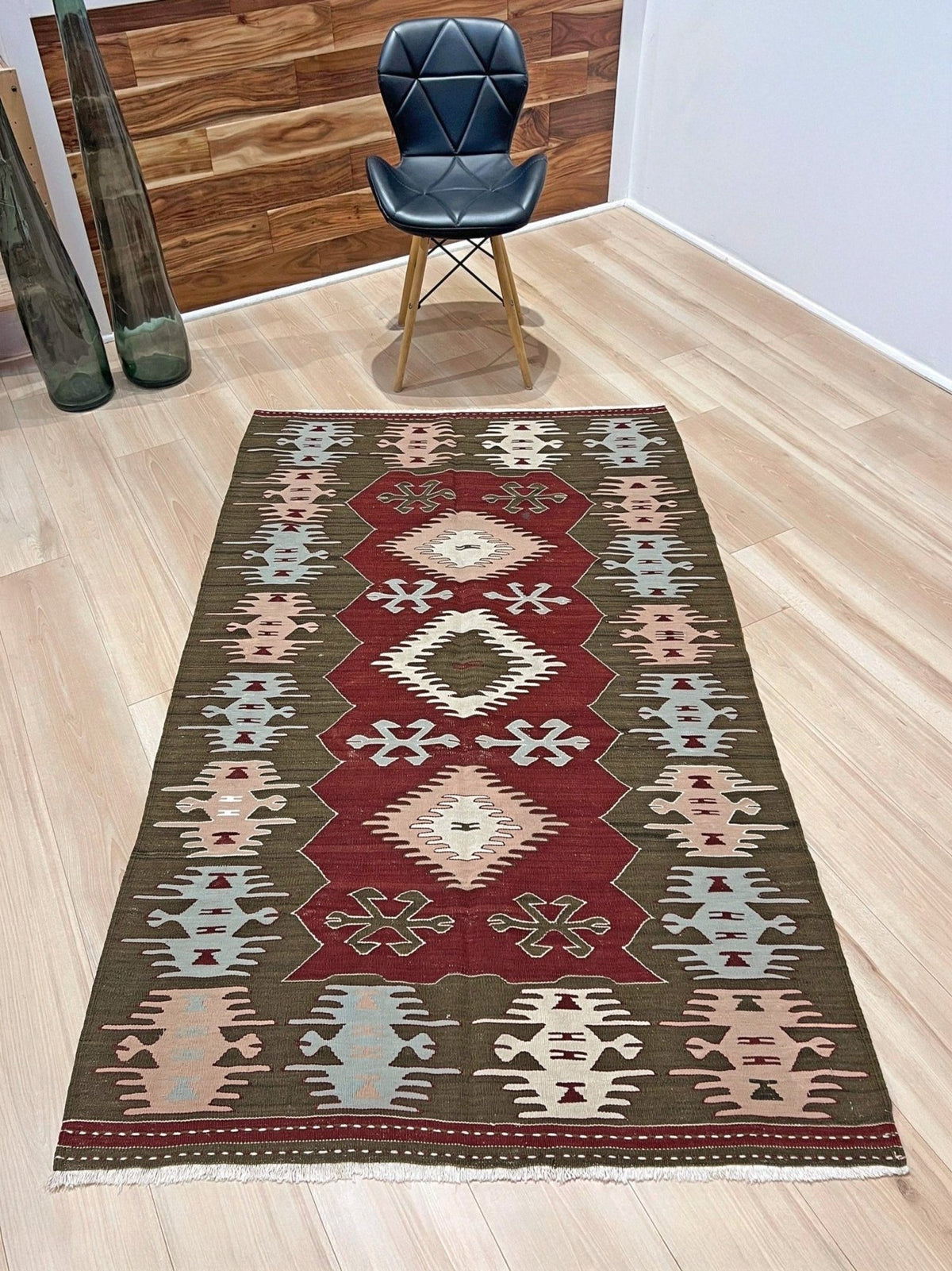 Vintage 4x6 Turkish kilim flatweave rug with maroon field, olive green borders, and tribal motifs — handmade wool wall hanging, available at Indigo Rugs, the best rug shop in San Francisco Bay Area