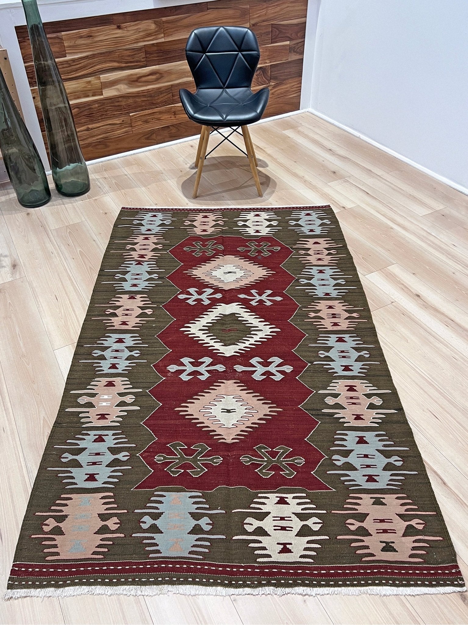 4x6 Vintage Afyon Turkish kilim flatweave rug with maroon field, olive green borders, and tribal scorpion and comb motifs — handmade wool wall hanging, available at Indigo Rugs, the best rug shop in San Francisco Bay Area, Burlingame CA.