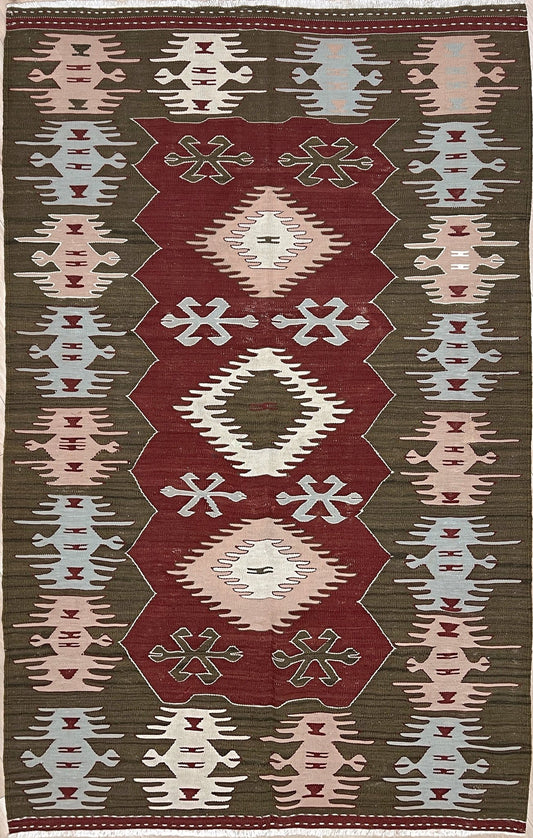 Vintage Afyon Turkish kilim flatweave rug with maroon field, olive green borders, and tribal scorpion and comb motifs — handmade wool wall hanging, available at Indigo Rugs, the best rug shop in San Francisco Bay Area, Burlingame CA.
