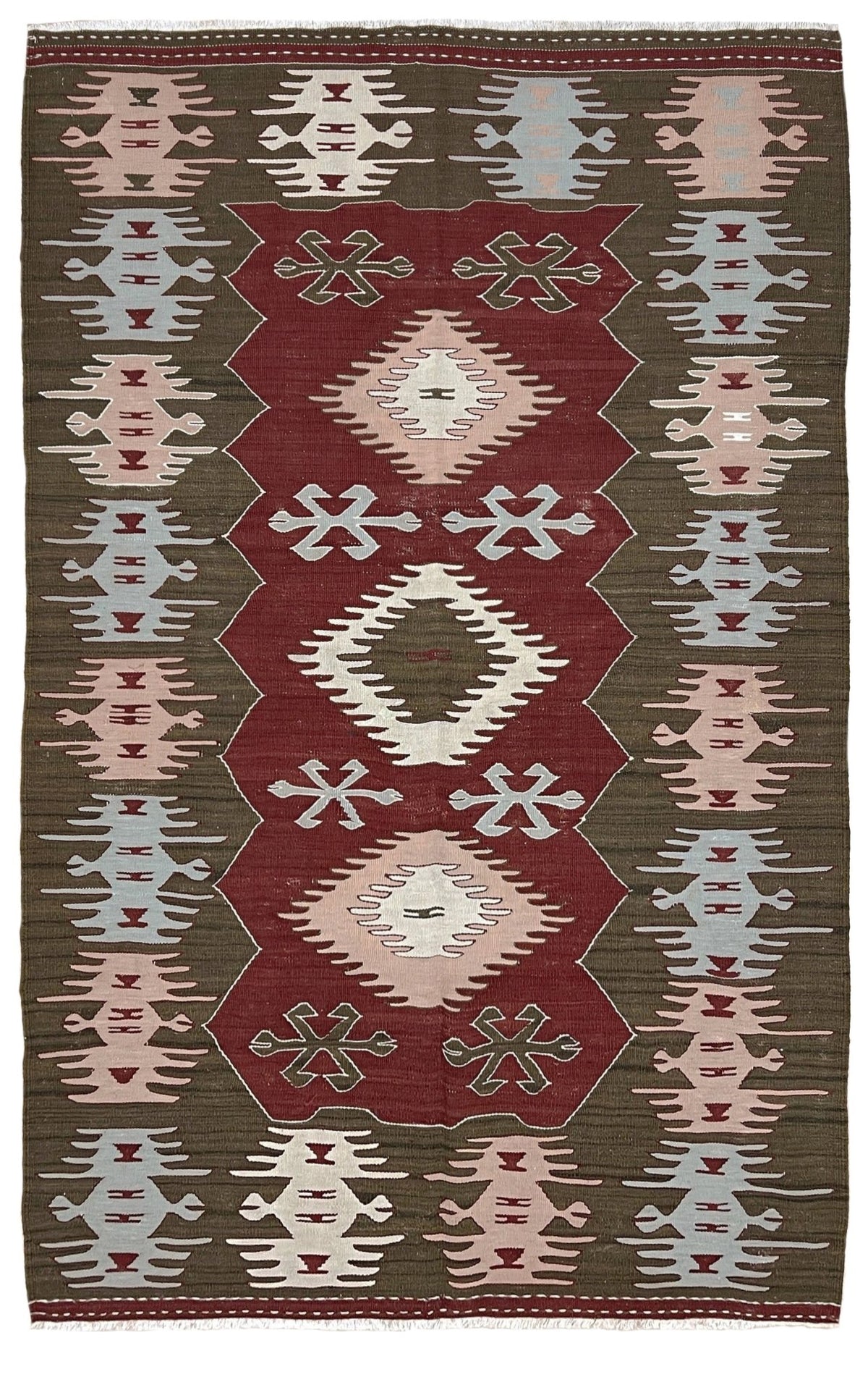 Vintage 4x6 Turkish kilim flatweave rug with maroon field, olive green borders, and tribal motifs — handmade wool wall hanging, available at Indigo Rugs, the best rug shop in San Francisco Bay Area