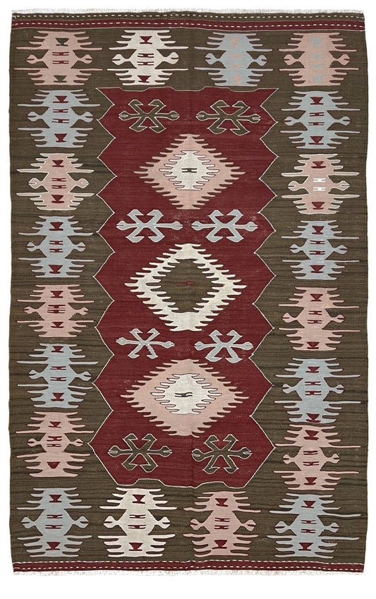 Vintage 4x6 Turkish kilim flatweave rug with maroon field, olive green borders, and tribal motifs — handmade wool wall hanging, available at Indigo Rugs, the best rug shop in San Francisco Bay Area