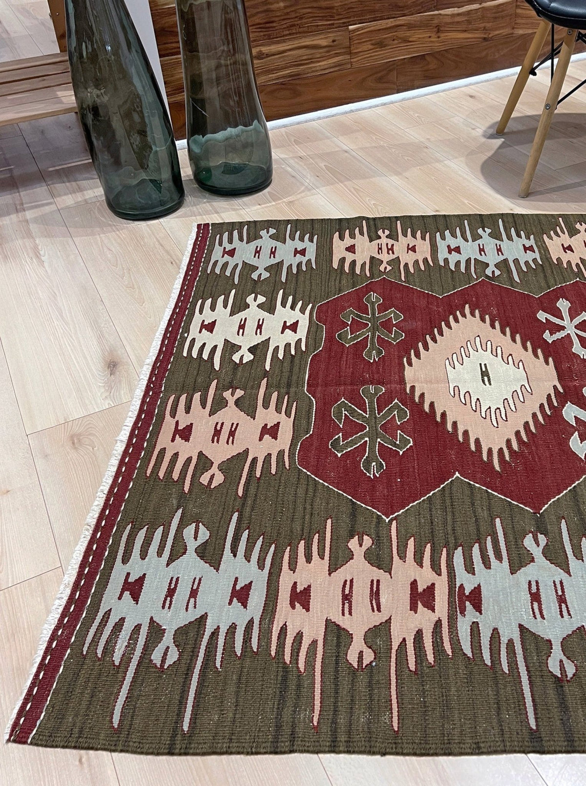 Vintage 4x6 Turkish kilim flatweave rug with maroon field, olive green borders, and tribal motifs — handmade wool wall hanging, available at Indigo Rugs, the best rug shop in San Francisco Bay Area