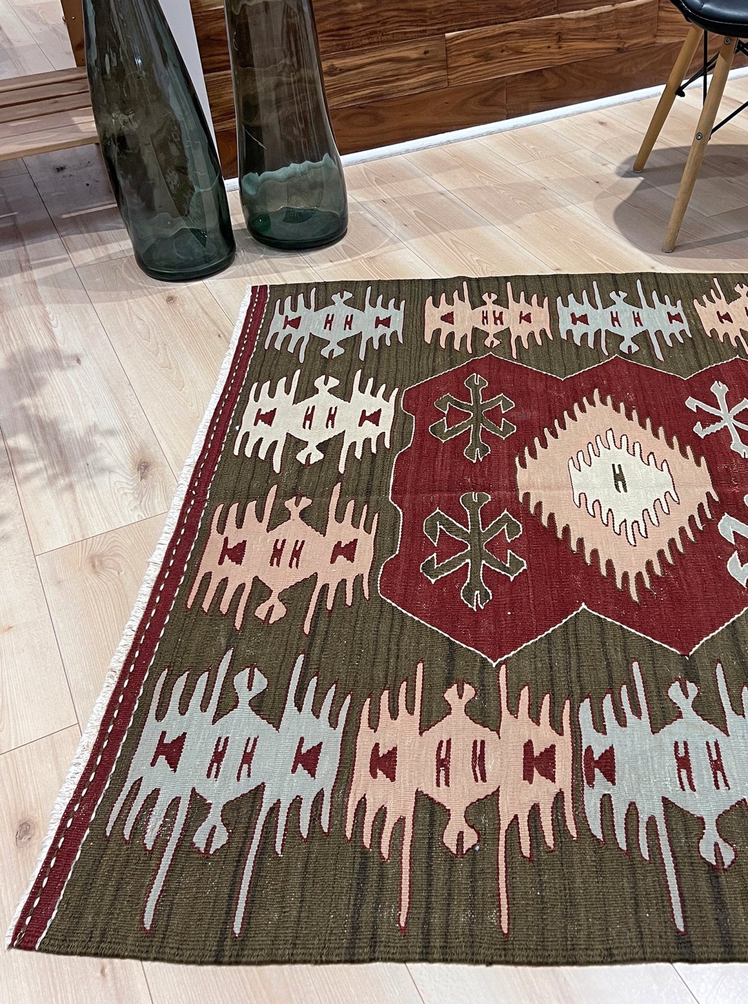 4x6 Vintage Afyon Turkish kilim flatweave rug with maroon field, olive green borders, and tribal scorpion and comb motifs — handmade wool wall hanging, available at Indigo Rugs, the best rug shop in San Francisco Bay Area, Burlingame CA.