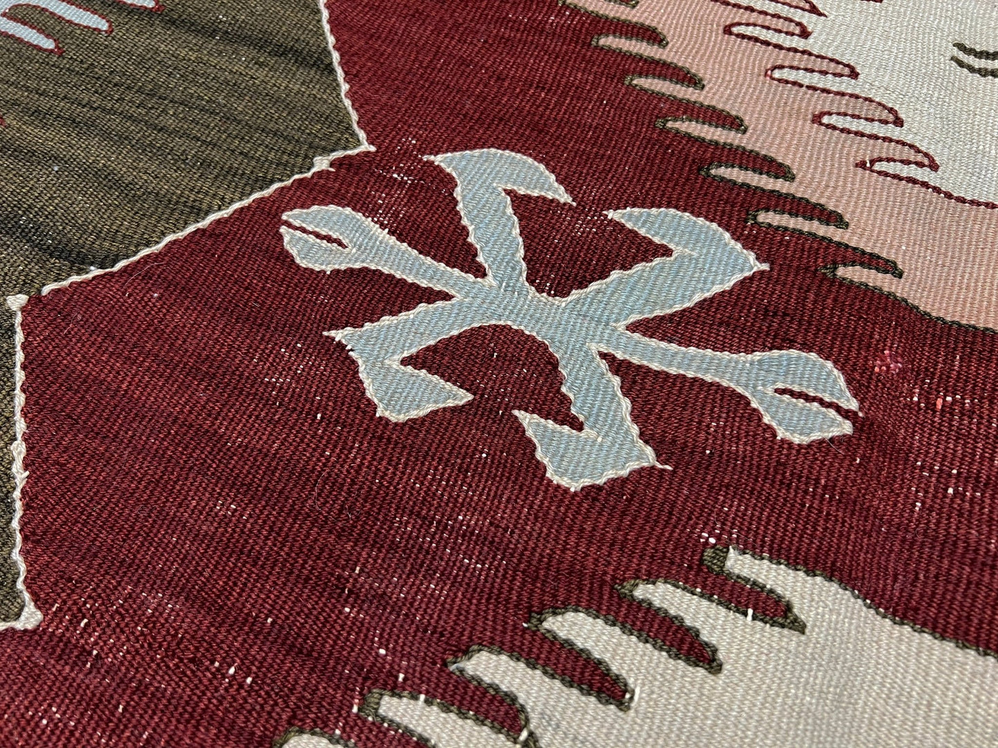 4x6 Vintage Afyon Turkish kilim flatweave rug with maroon field, olive green borders, and tribal scorpion and comb motifs — handmade wool wall hanging, available at Indigo Rugs, the best rug shop in San Francisco Bay Area, Burlingame CA.