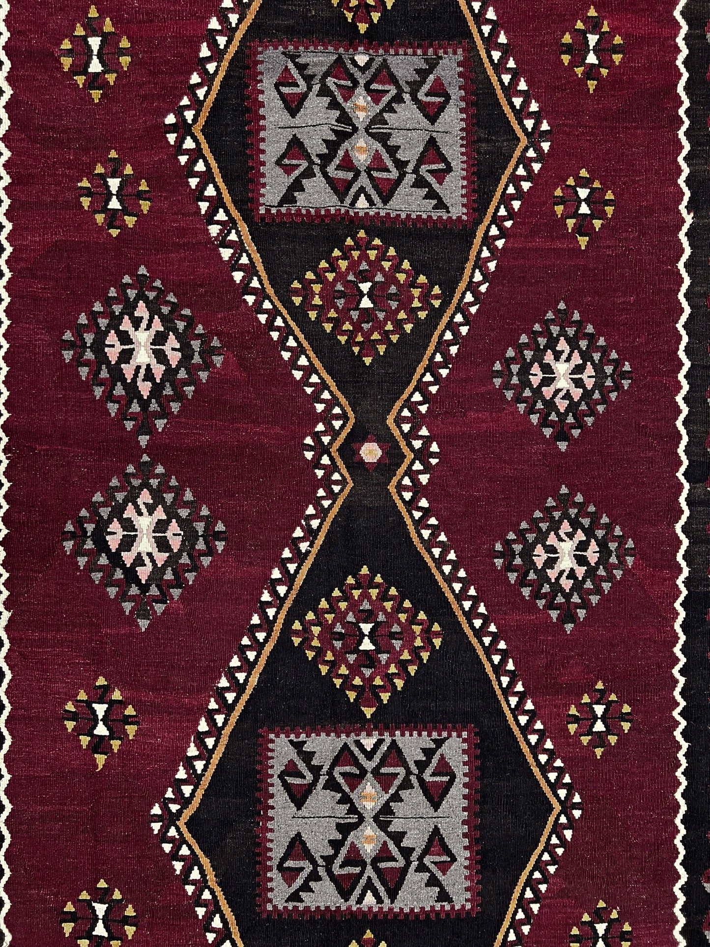 vintage kayseri turkish kilim rug 5x8 burgundy plum geometric flatweave central anatolia handmade wool rug san francisco bay area rug shop indigo rugs
