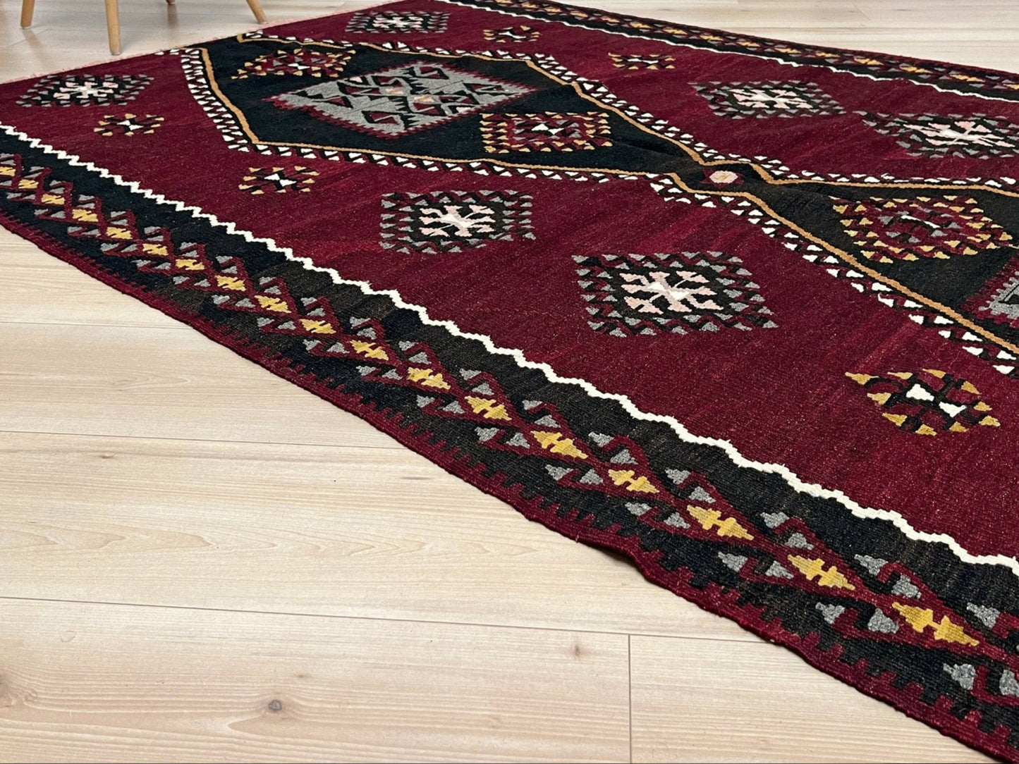 vintage kayseri turkish kilim rug 5x8 burgundy plum geometric flatweave central anatolia handmade wool rug san francisco bay area rug shop indigo rugs
