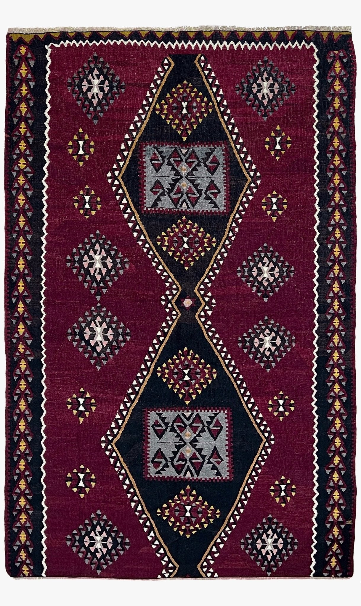 vintage kayseri turkish kilim rug 5x8 burgundy plum geometric flatweave central anatolia handmade wool rug san francisco bay area rug shop indigo rugs
