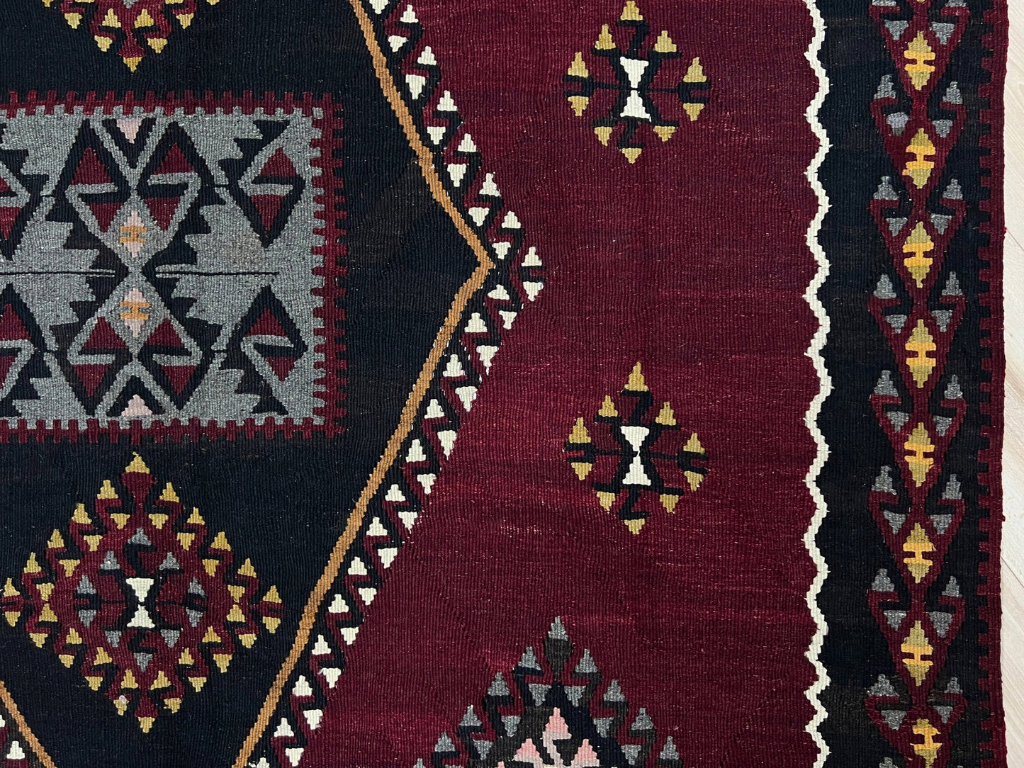 vintage kayseri turkish kilim rug 5x8 burgundy plum geometric flatweave central anatolia handmade wool rug san francisco bay area rug shop indigo rugs
