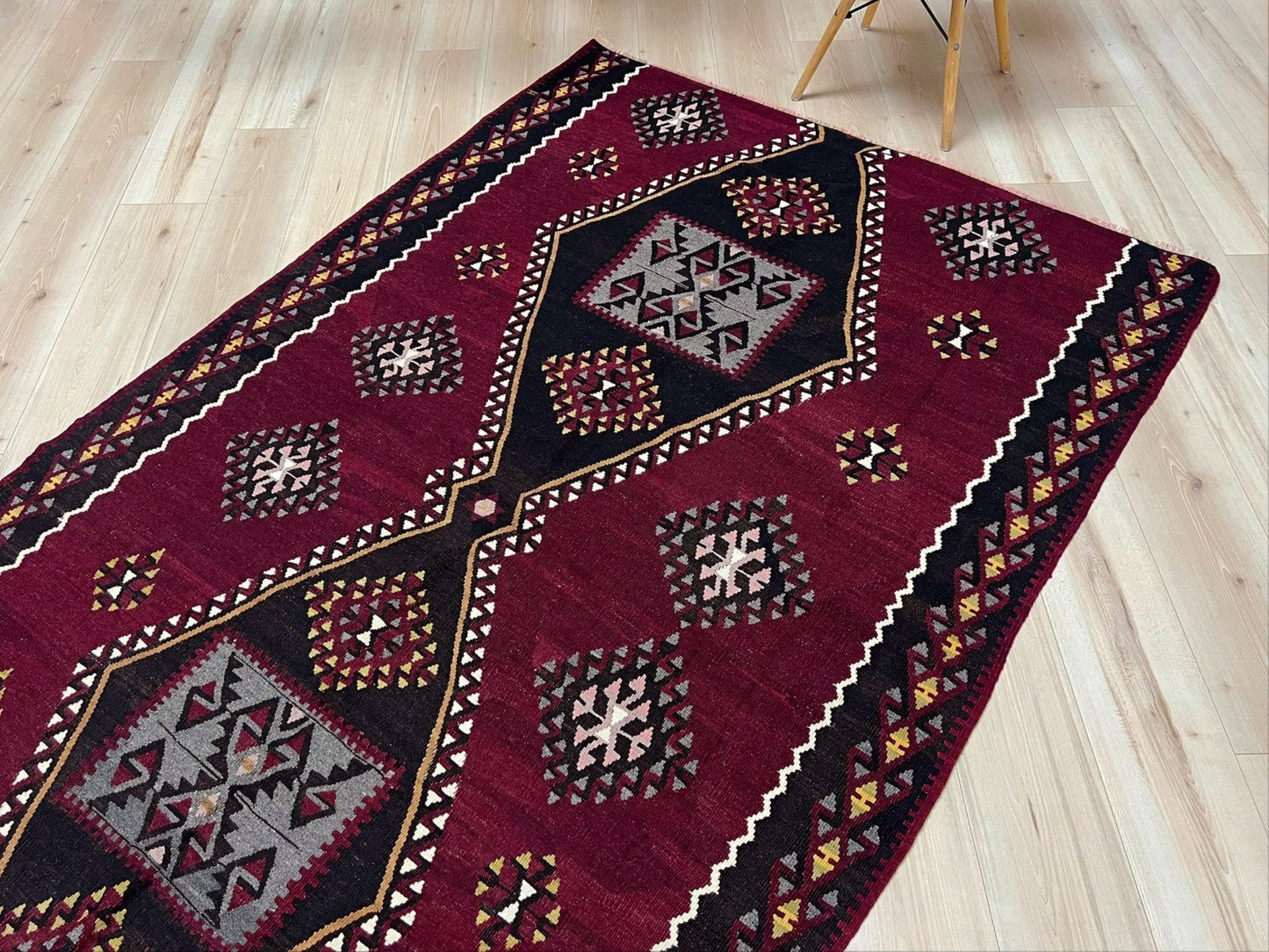 vintage kayseri turkish kilim rug 5x8 burgundy plum geometric flatweave central anatolia handmade wool rug san francisco bay area rug shop indigo rugs
