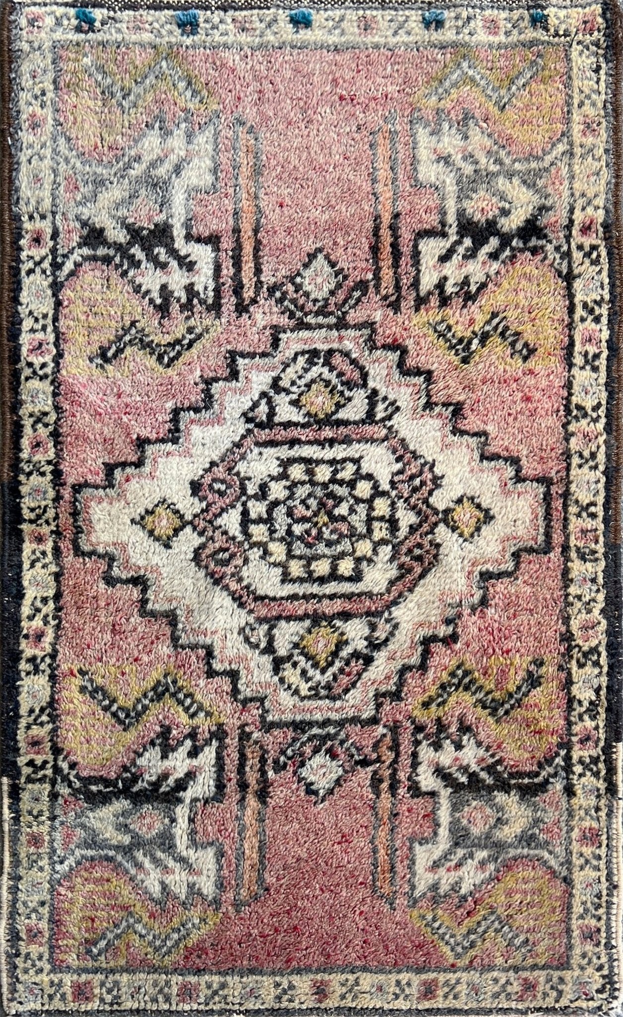 Vintage turkish mini rug 2x3 dusty rose and ivory handmade wool accent rug — perfect for entryway, kitchen, bathroom, bedside; free shipping from the best rug shop in the San Francisco Bay Area, Burlingame CA.