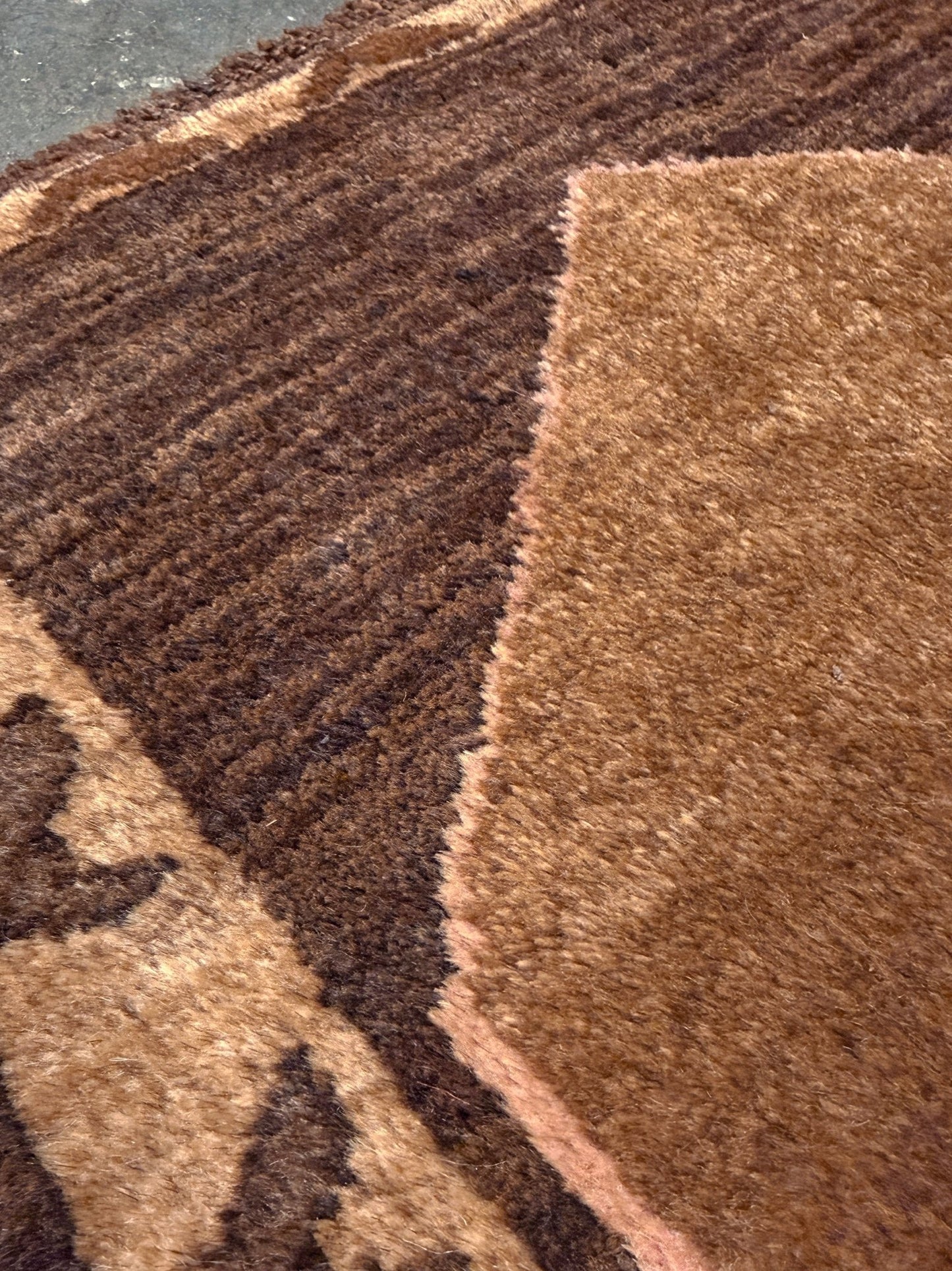 Decorative neutral vintage Turkish mini rug yastik 2x3 made from undyed handspun sheep wool, featuring natural brown and ivory tones with a subtle red accent, geometric medallion design. From Indigo Rugs, Burlingame — the best rug shop in the San Francisco Bay Area. Free shipping.