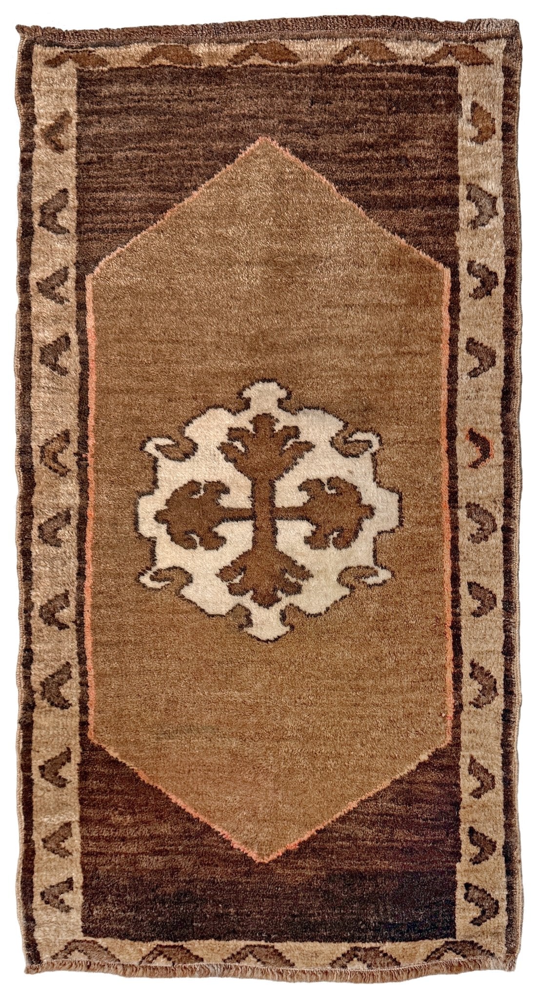 Decorative neutral vintage Turkish mini rug yastik 2x3 made from undyed handspun sheep wool, featuring natural brown and ivory tones with a subtle red accent, geometric medallion design. From Indigo Rugs, Burlingame — the best rug shop in the San Francisco Bay Area. Free shipping.