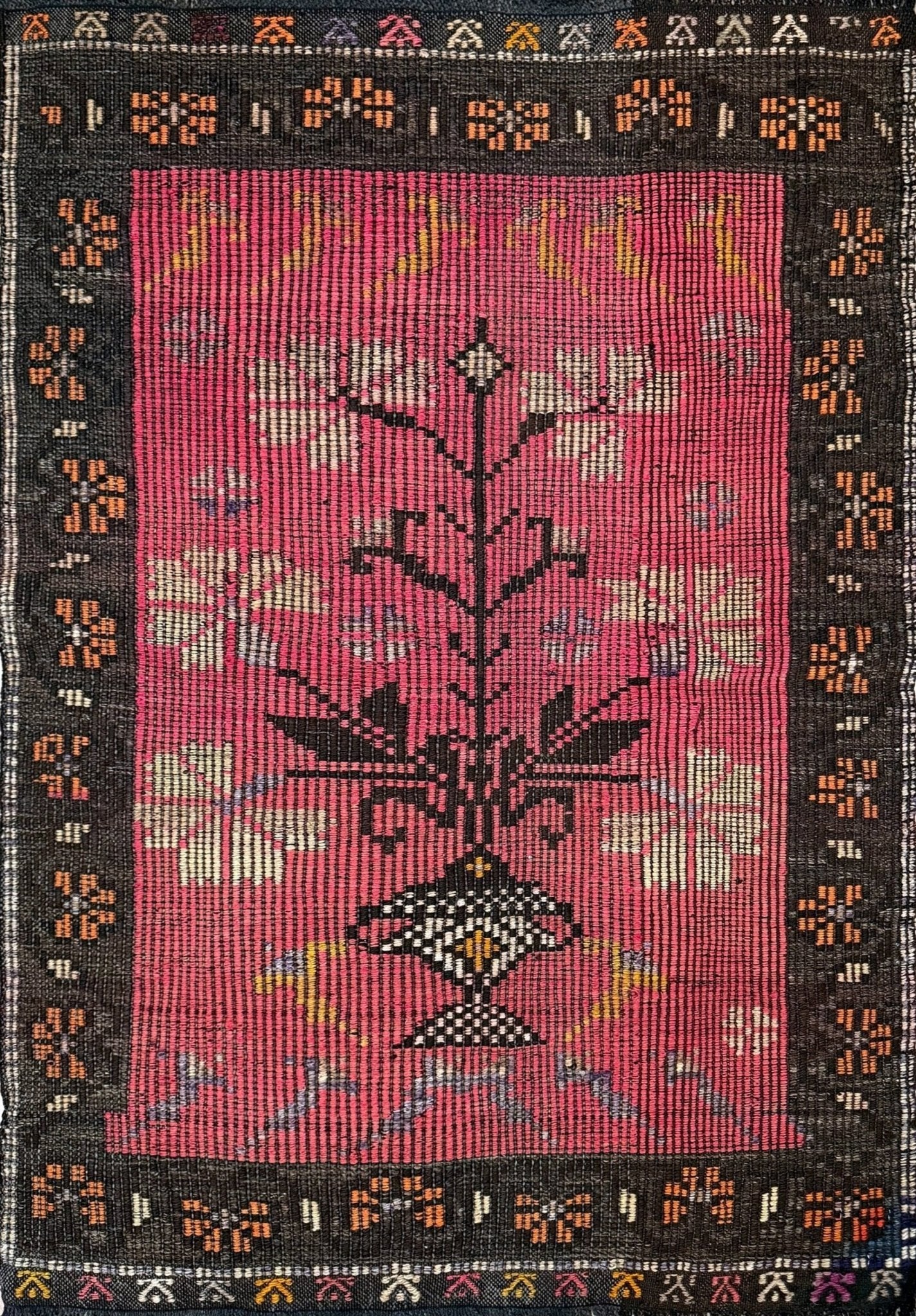3x4 Vintage Malatya Zile kilim rug with warm pink field and vase floral design — handwoven wool flatweave fug for entryway, bedroom, bathroom, wall art Turkey, available at Indigo Rugs, Burlingame CA.