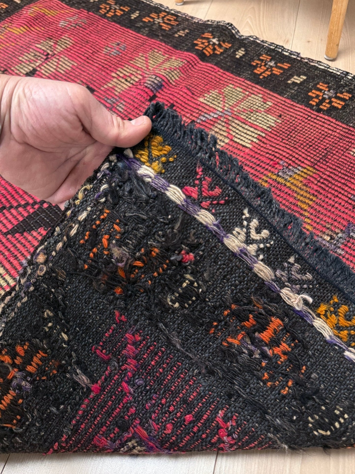 3x4 Vintage Malatya Zili kilim rug with warm pink field and vase floral design — handwoven wool flatweave fug for entryway, bedroom, bathroom, wall art Turkey, available at Indigo Rugs, Burlingame CA.