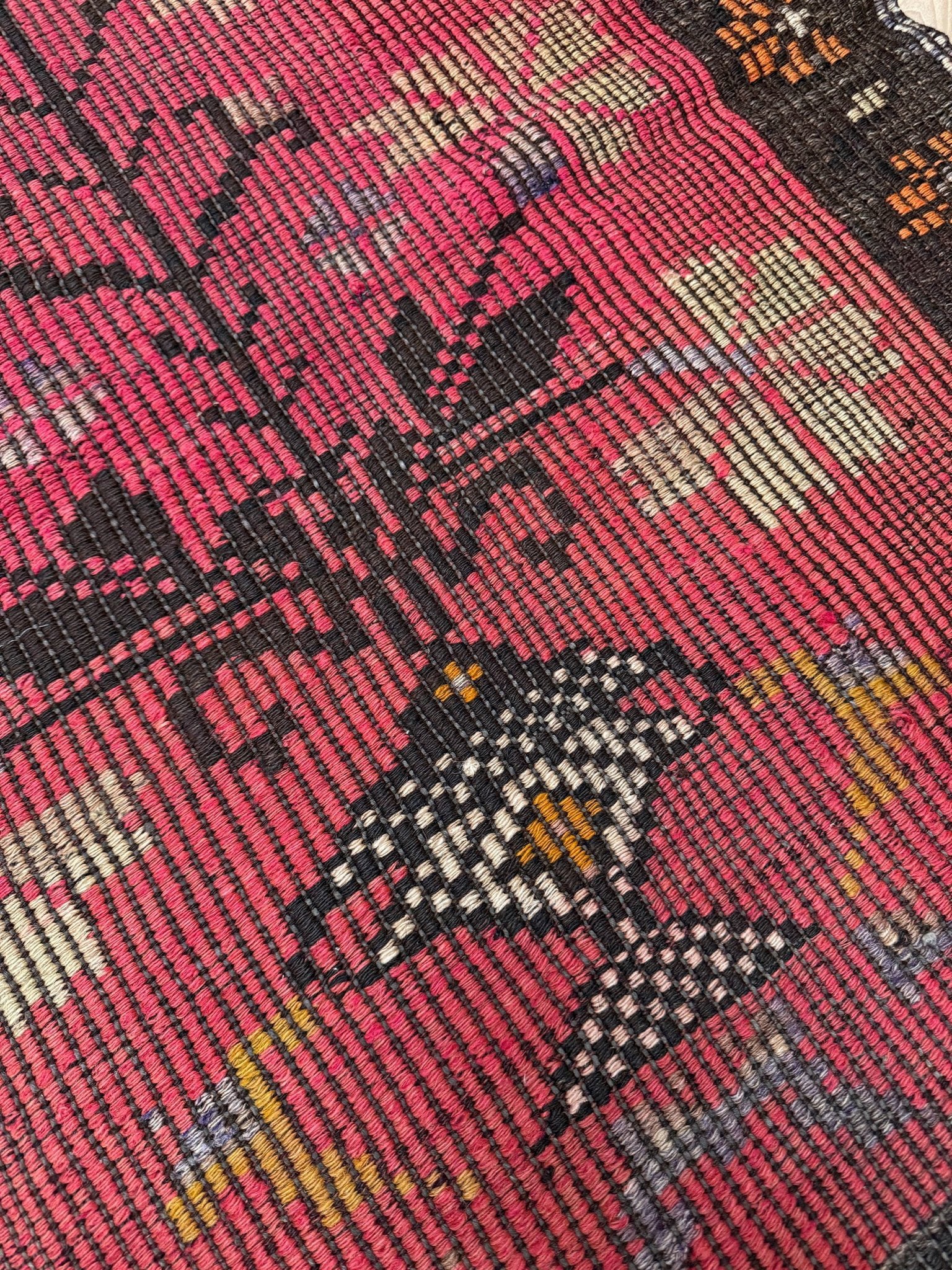 3x4 Vintage Malatya Zili kilim rug with warm pink field and vase floral design — handwoven wool flatweave fug for entryway, bedroom, bathroom, wall art Turkey, available at Indigo Rugs, Burlingame CA.