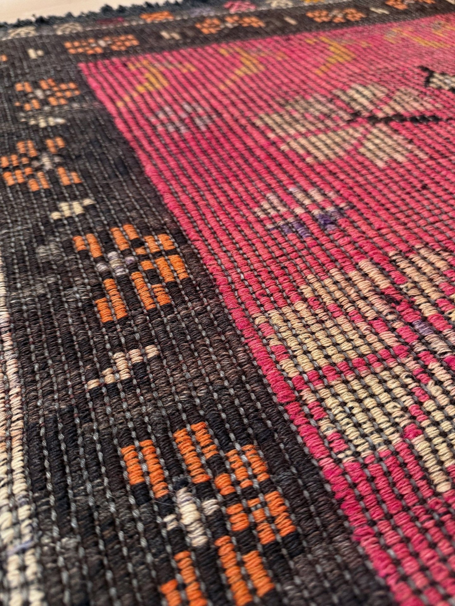 3x4 Vintage Malatya Zile kilim rug with warm pink field and vase floral design — handwoven wool flatweave fug for entryway, bedroom, bathroom, wall art Turkey, available at Indigo Rugs, Burlingame CA.