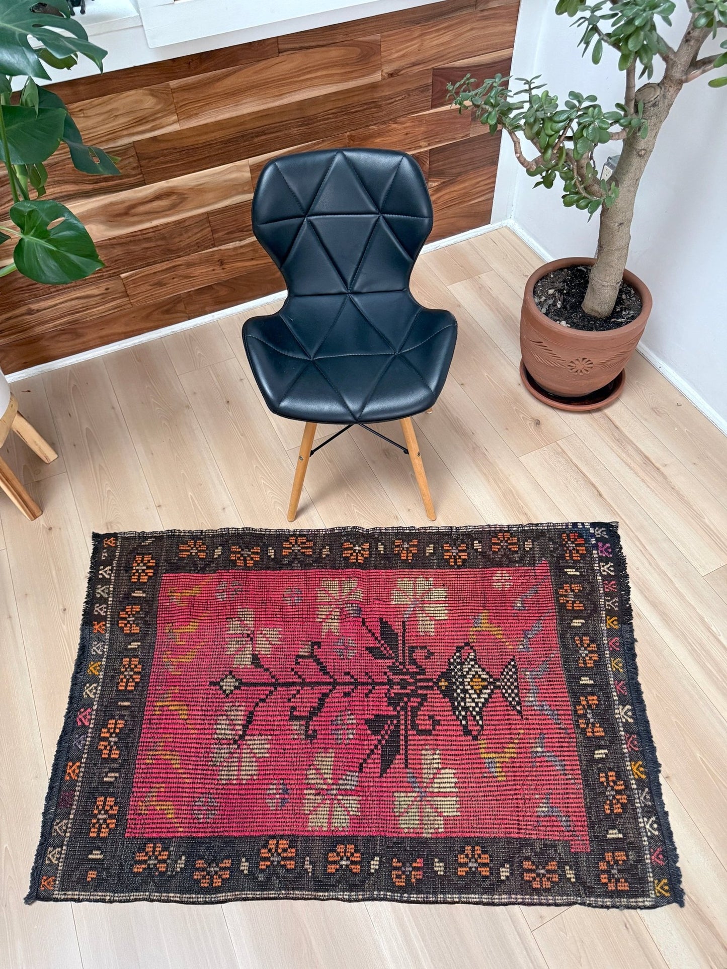 3x4 Vintage Malatya Zile kilim rug with warm pink field and vase floral design — handwoven wool flatweave fug for entryway, bedroom, bathroom, wall art Turkey, available at Indigo Rugs, Burlingame CA.