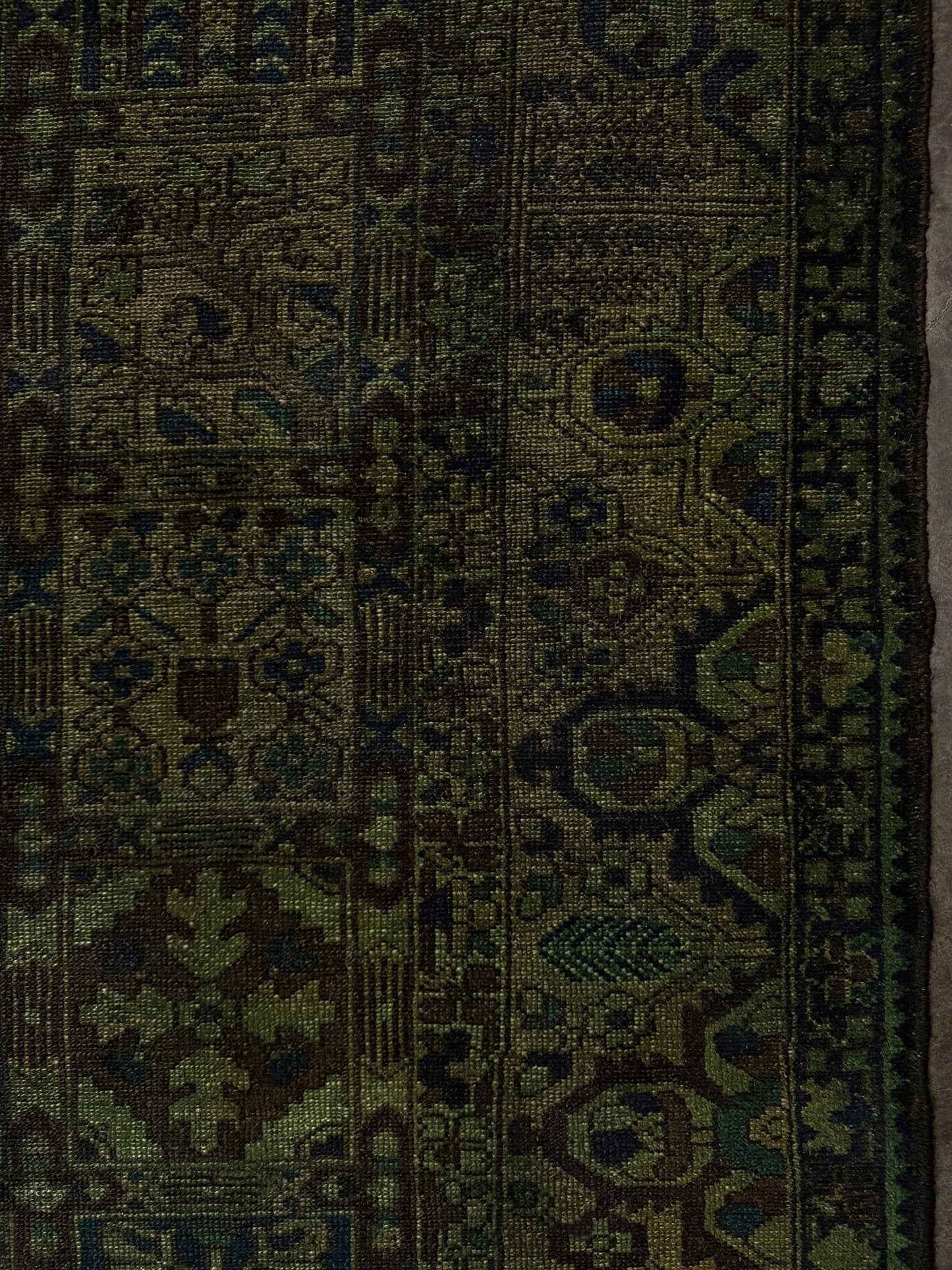 9x12 handmade overdyed Persian Bakhtiari vintage rug in deep moss green with distressed garden panel design — shown at Indigo Rugs, Burlingame — San Francisco Bay Area with free shipping
