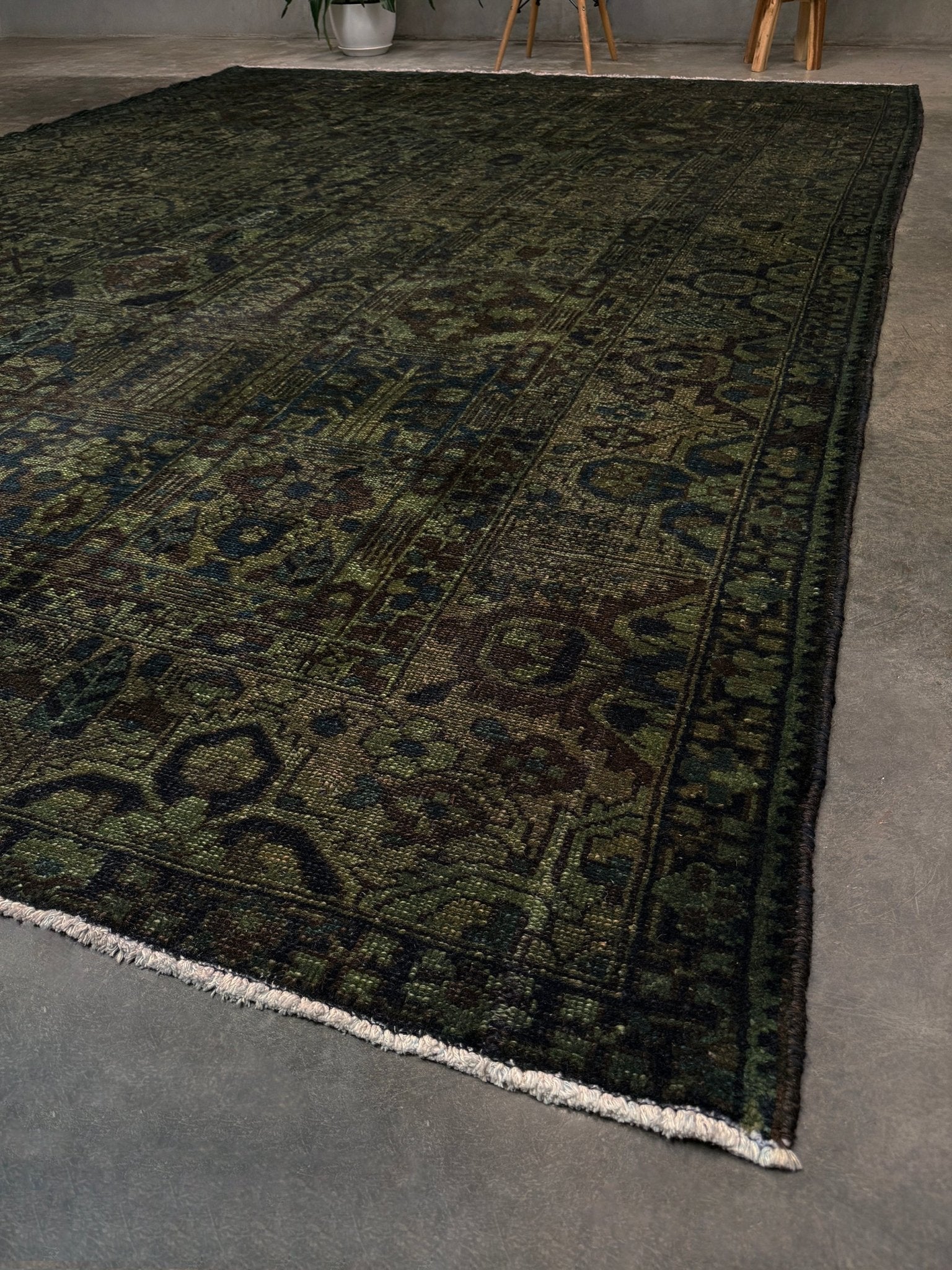 9x12 handmade overdyed Persian Bakhtiari vintage rug in deep moss green with distressed garden panel design — shown at Indigo Rugs, Burlingame — San Francisco Bay Area with free shipping